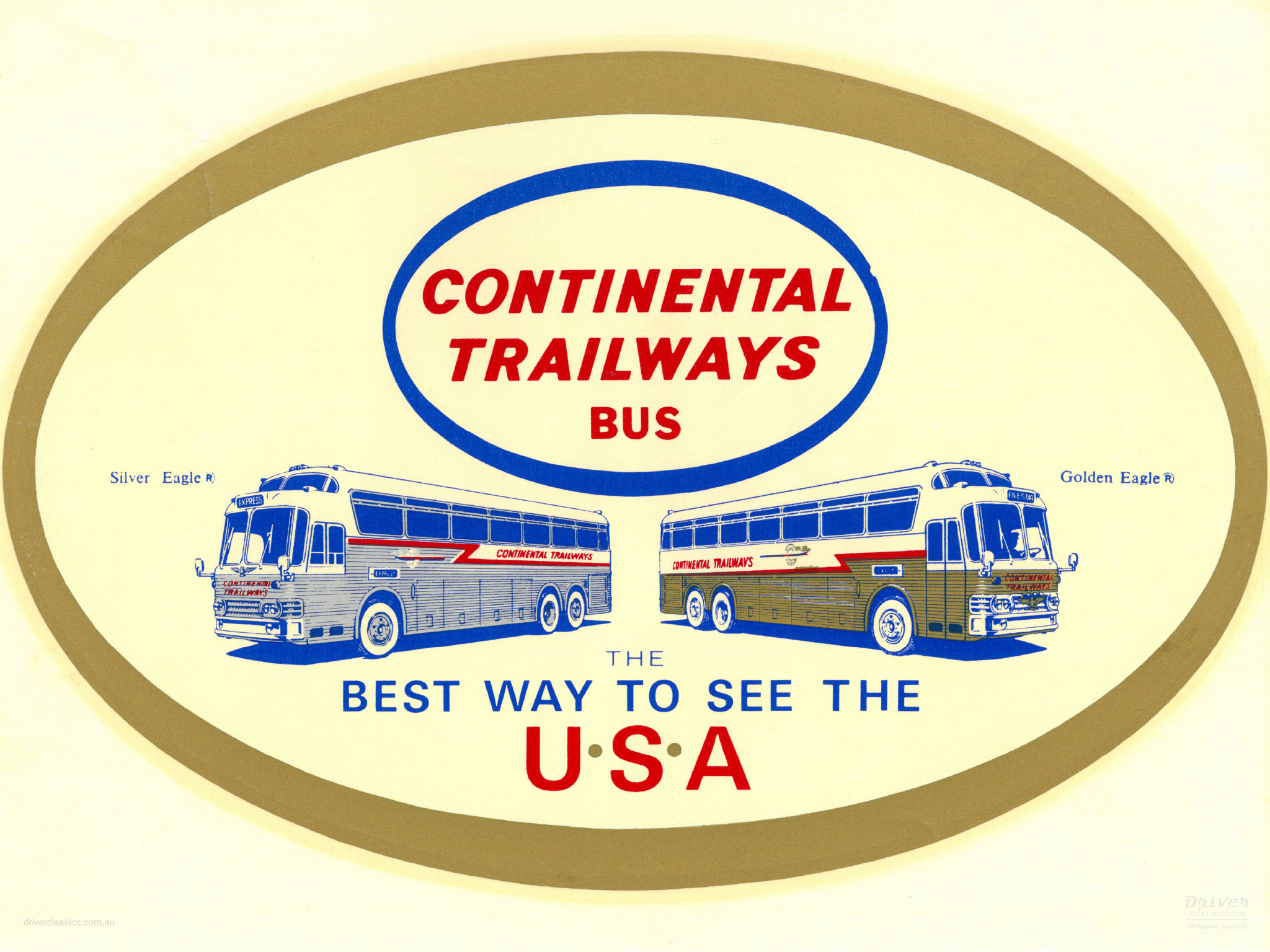 Continental Trailways advertising featuring a 1965-67 Model 01 Silver Eagle bus and a 1964 Golden Eagle Model 01 bus