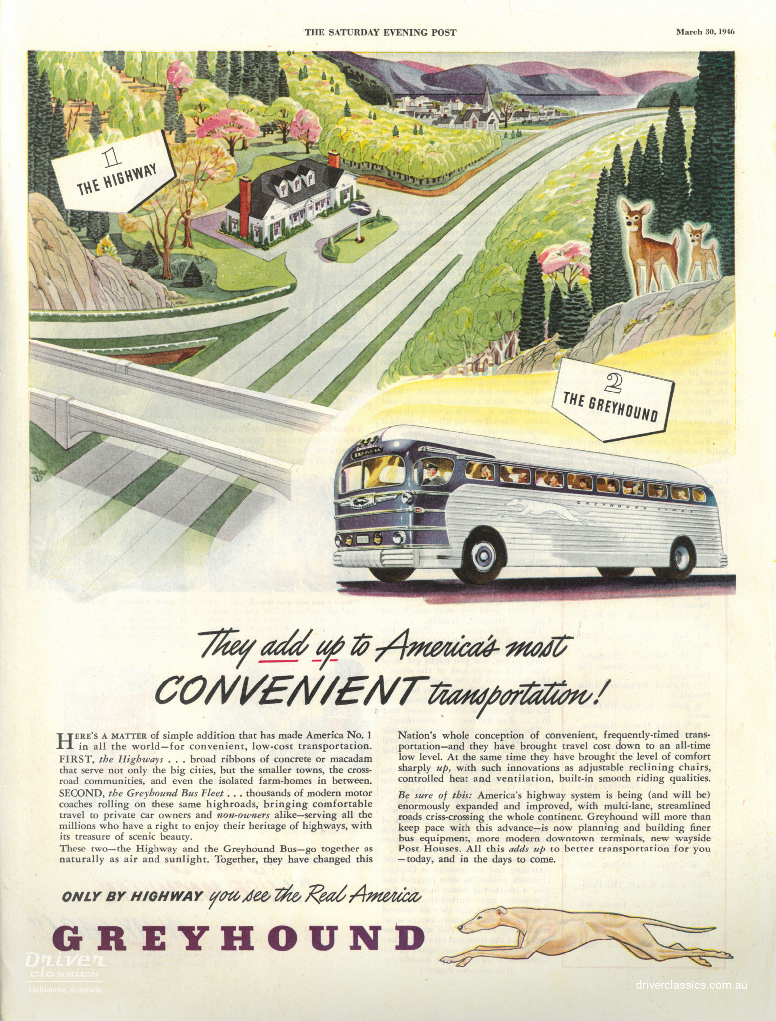 Greyhound ad featuring pre ww2 Silversides bus. Headline reads 