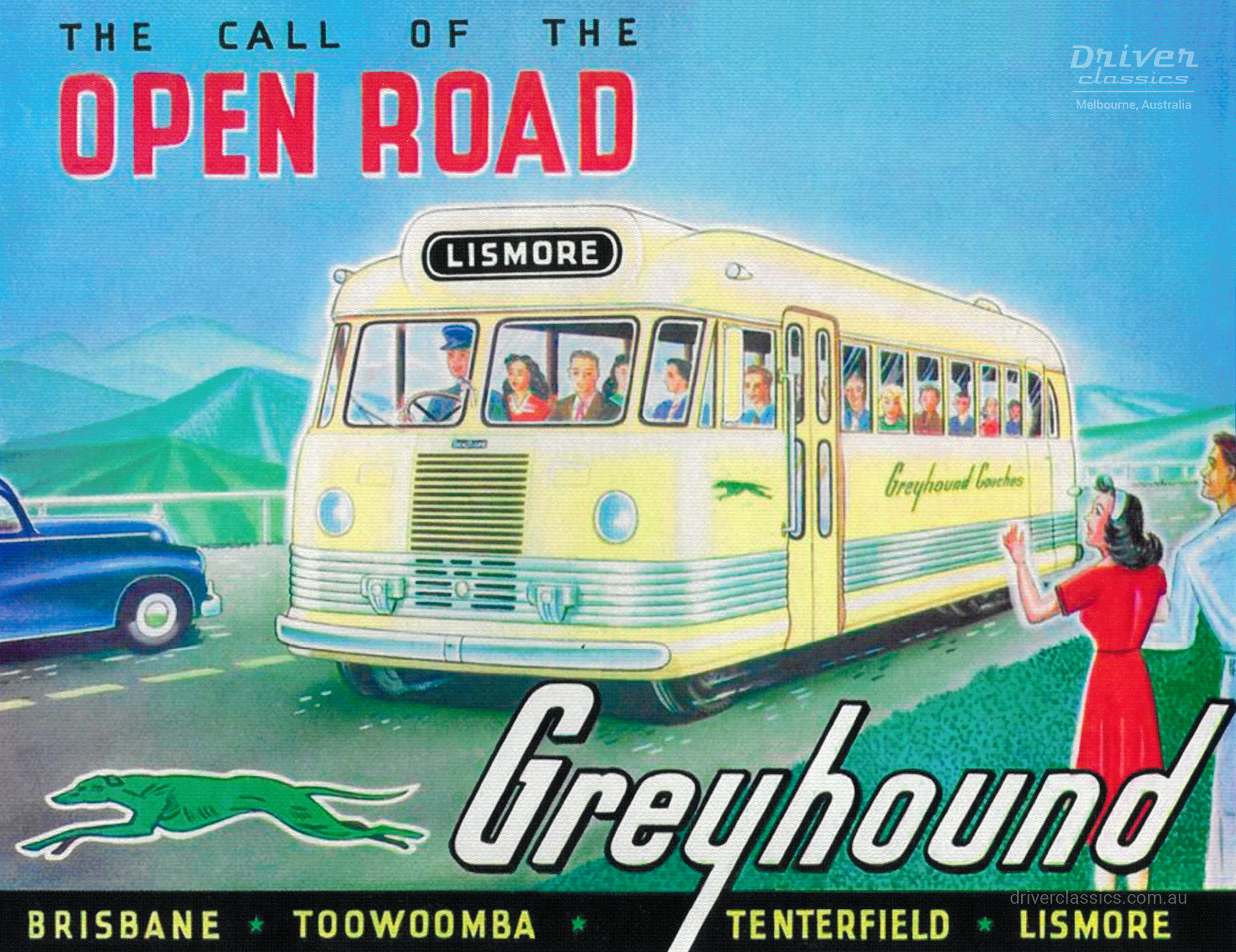 Bedford OB illustration, Greyhound Australia promotional advertising, late 1940s, The call of the open road.