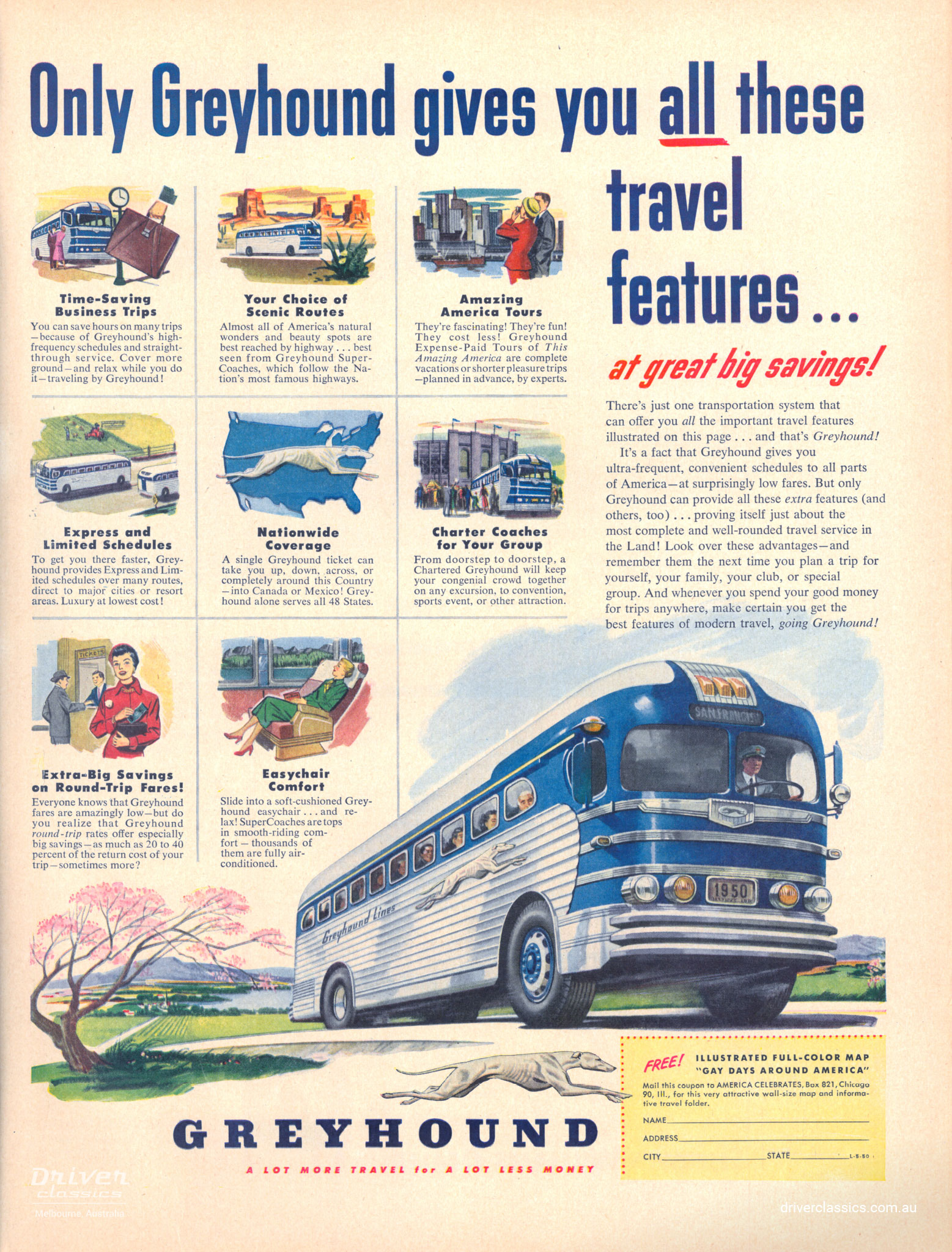 Greyhound ad featuring post ww2 Silversides bus. Headline reads 