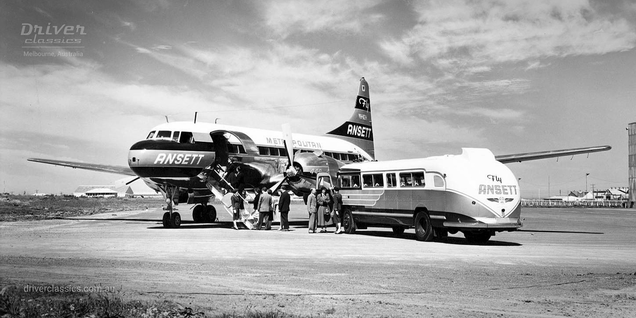 Ansair Flxible Clipper bus with a Convair 440 plane, on the tarmac at Essendon Airport Melbourne VIC. Photo taken in 1957 by Bruce Robinson