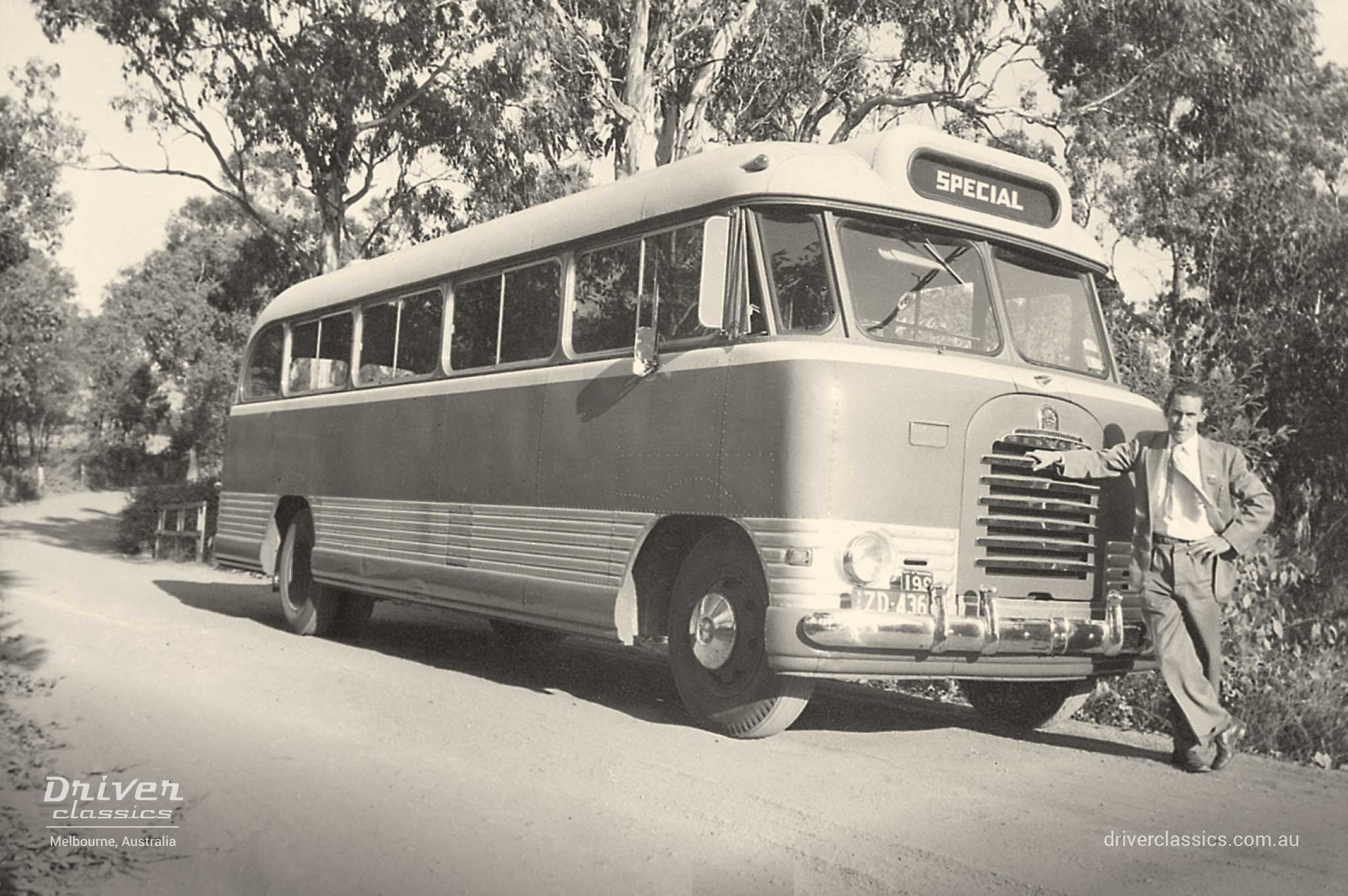 Bedford SB3 bus, flat screen version, with driver Peter Davy
