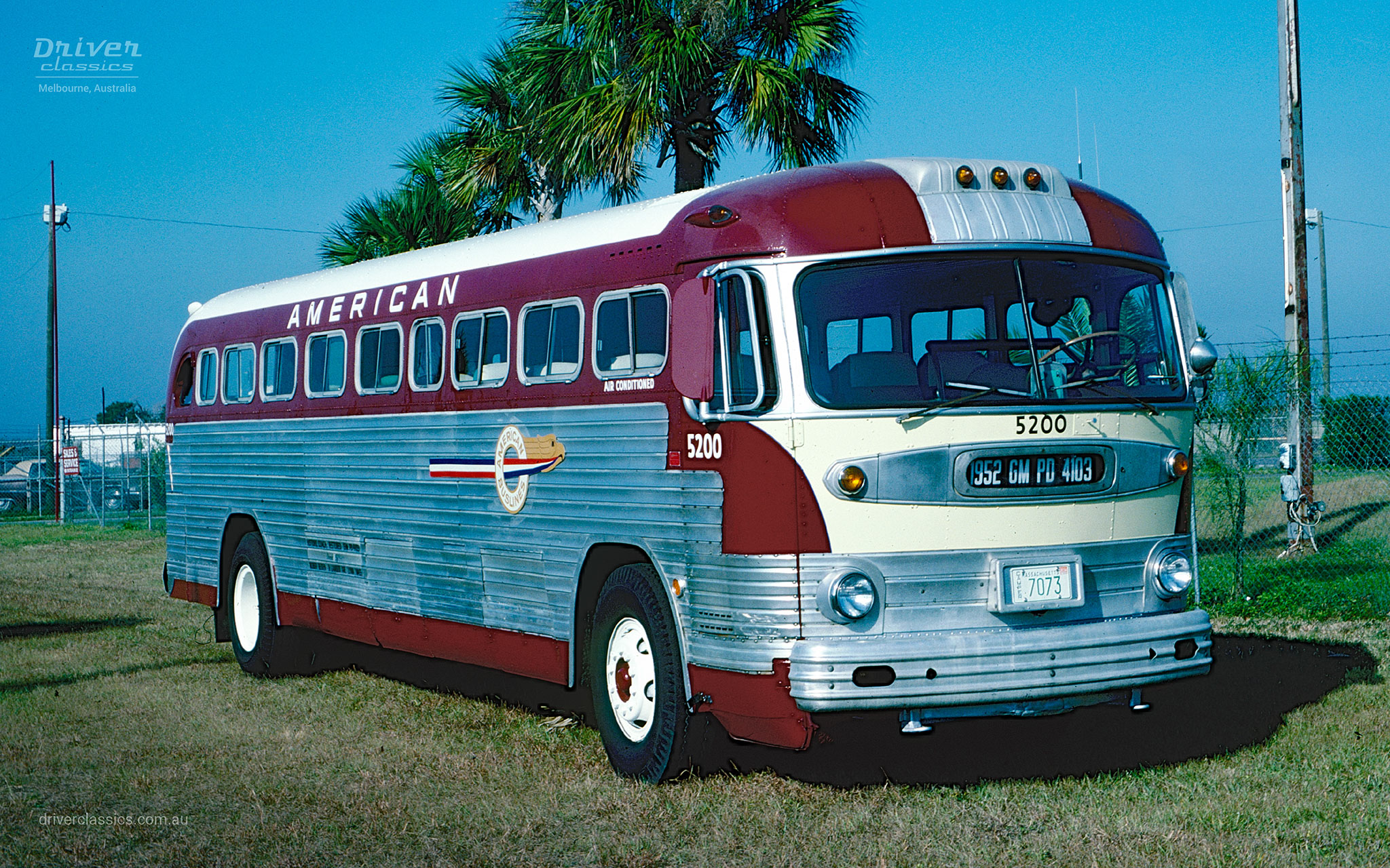 GM PD-4103 bus, 1952 model, American Buslines stylized Eagle insignia. Photo Taken in Florida USA in 1984 by Bob Redden.