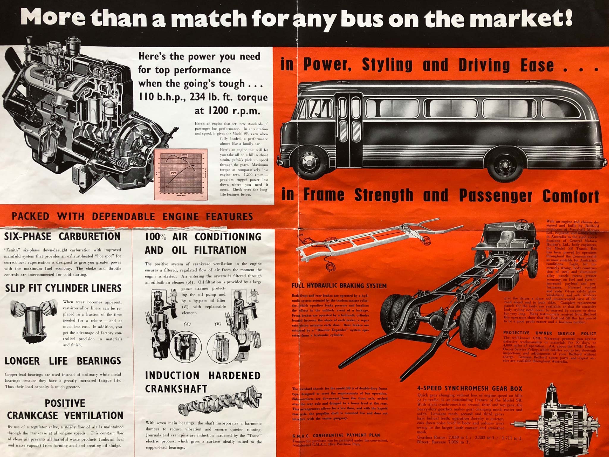 1954 Brochure for GM-H's Bedford SB 'flat screen' bus, inside spread.