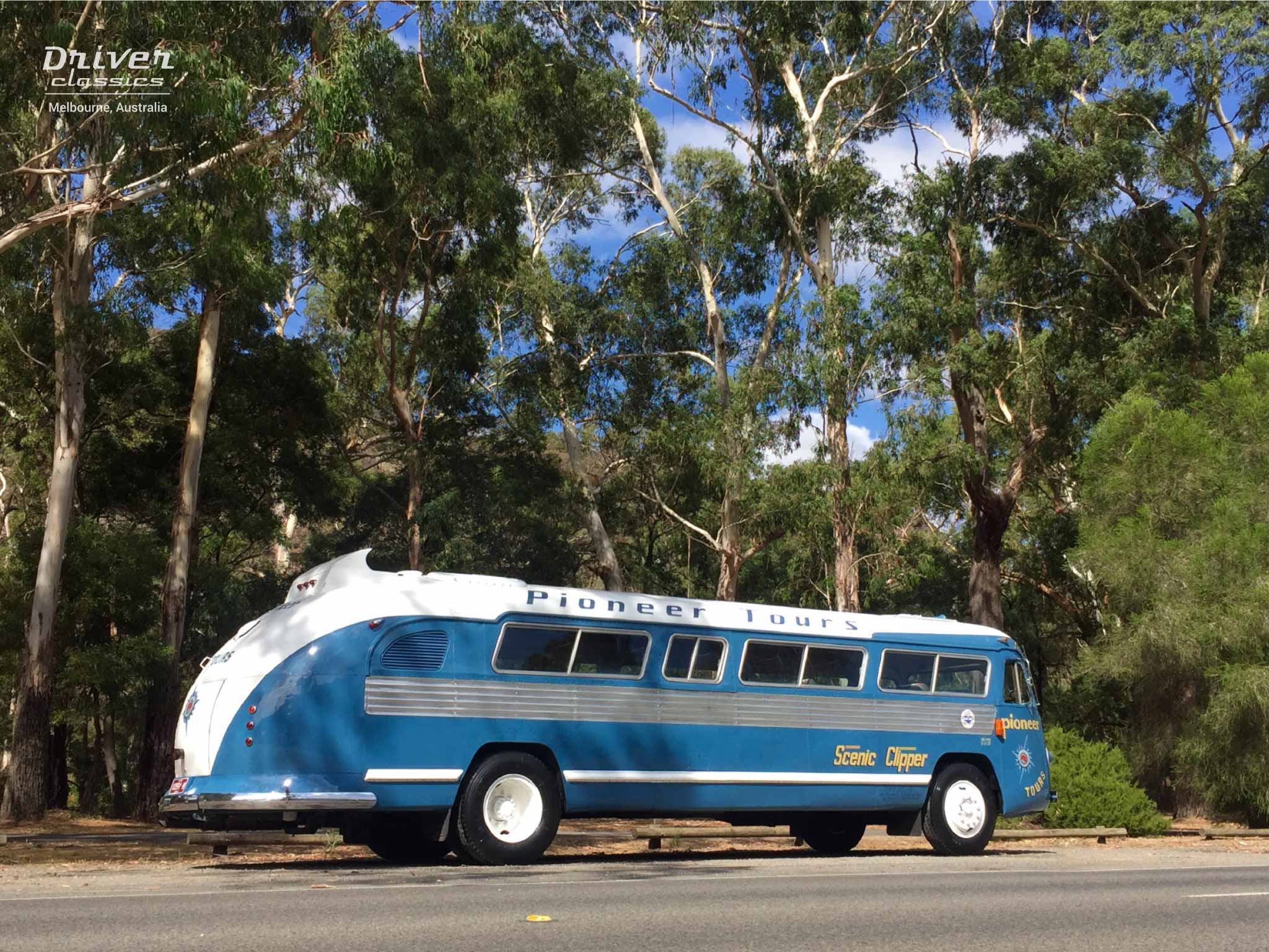 Flxible Clipper bus side and back, 1954 version, at Halls Gap, Grampians VIC, March 2018