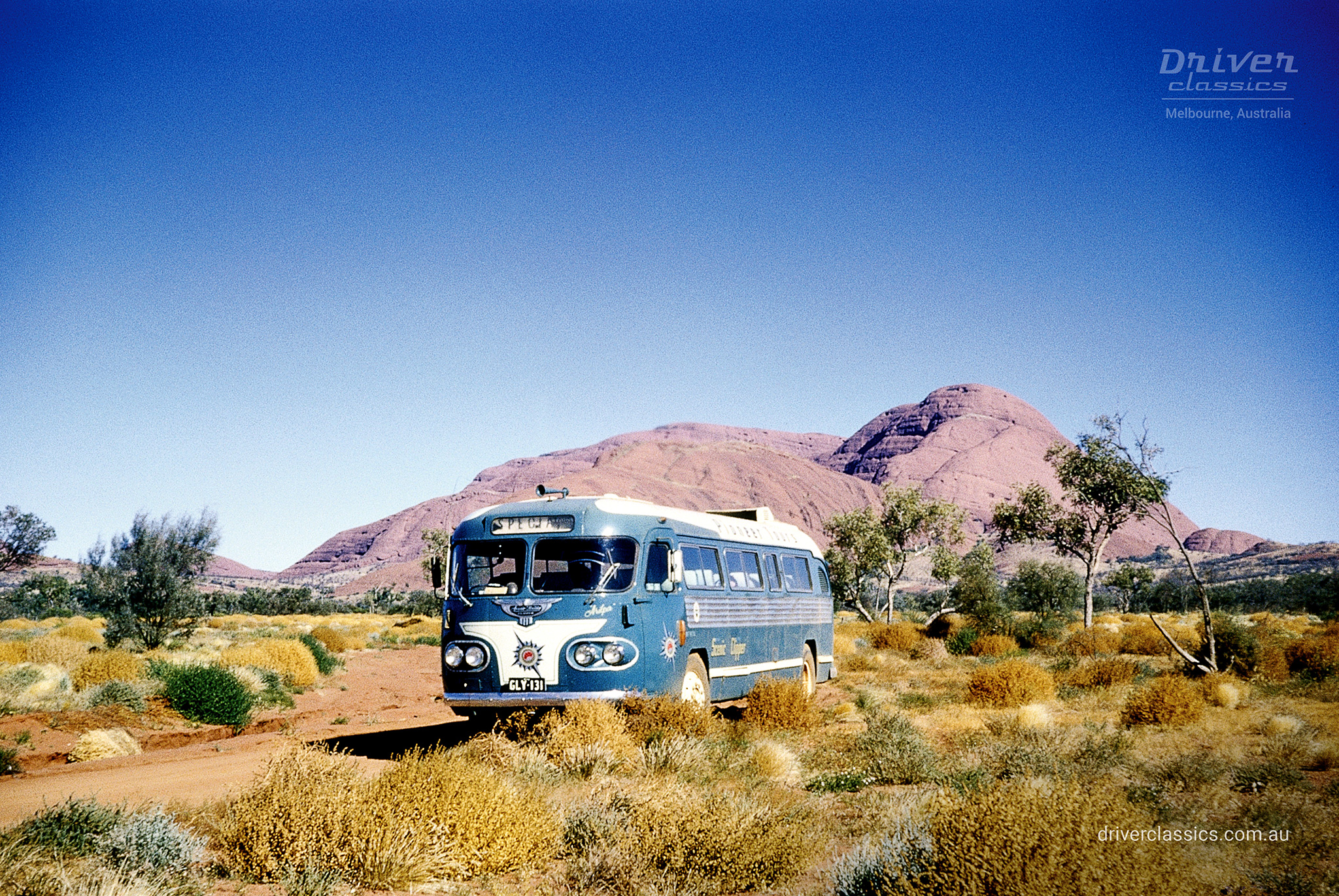 Ansair Flxible Clipper bus (1956 model), at the Olgas Northern Territory Australia, photo taken late 1960s by Graeme Phillips