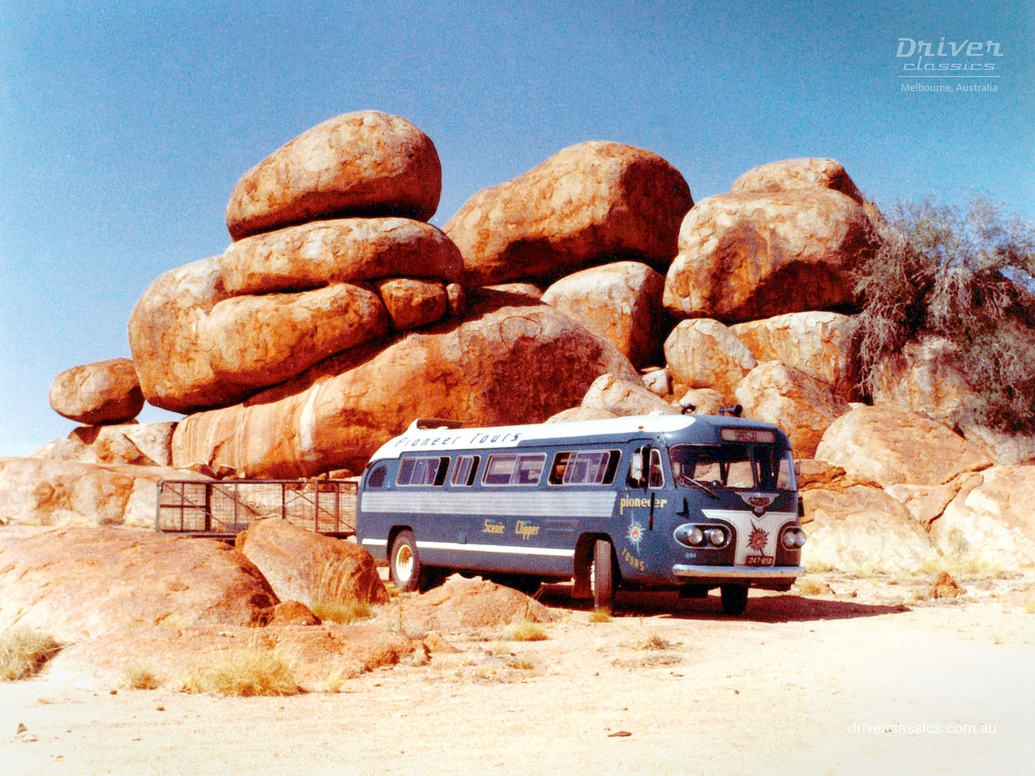 Ansair Flxible Clipper bus (1957 model), at Devil's Marbles, Northern Territory Australia, photo taken late 1960s by Graeme Phillips