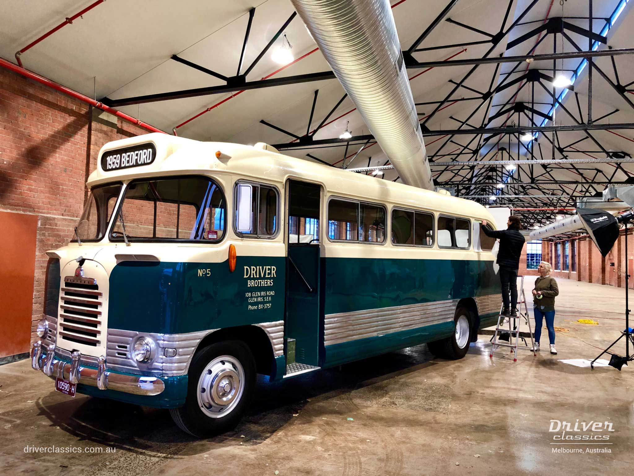 1959 Bedford SB3 bus, preparing for a film shoot, Geelong VIC, photo taken May 2019