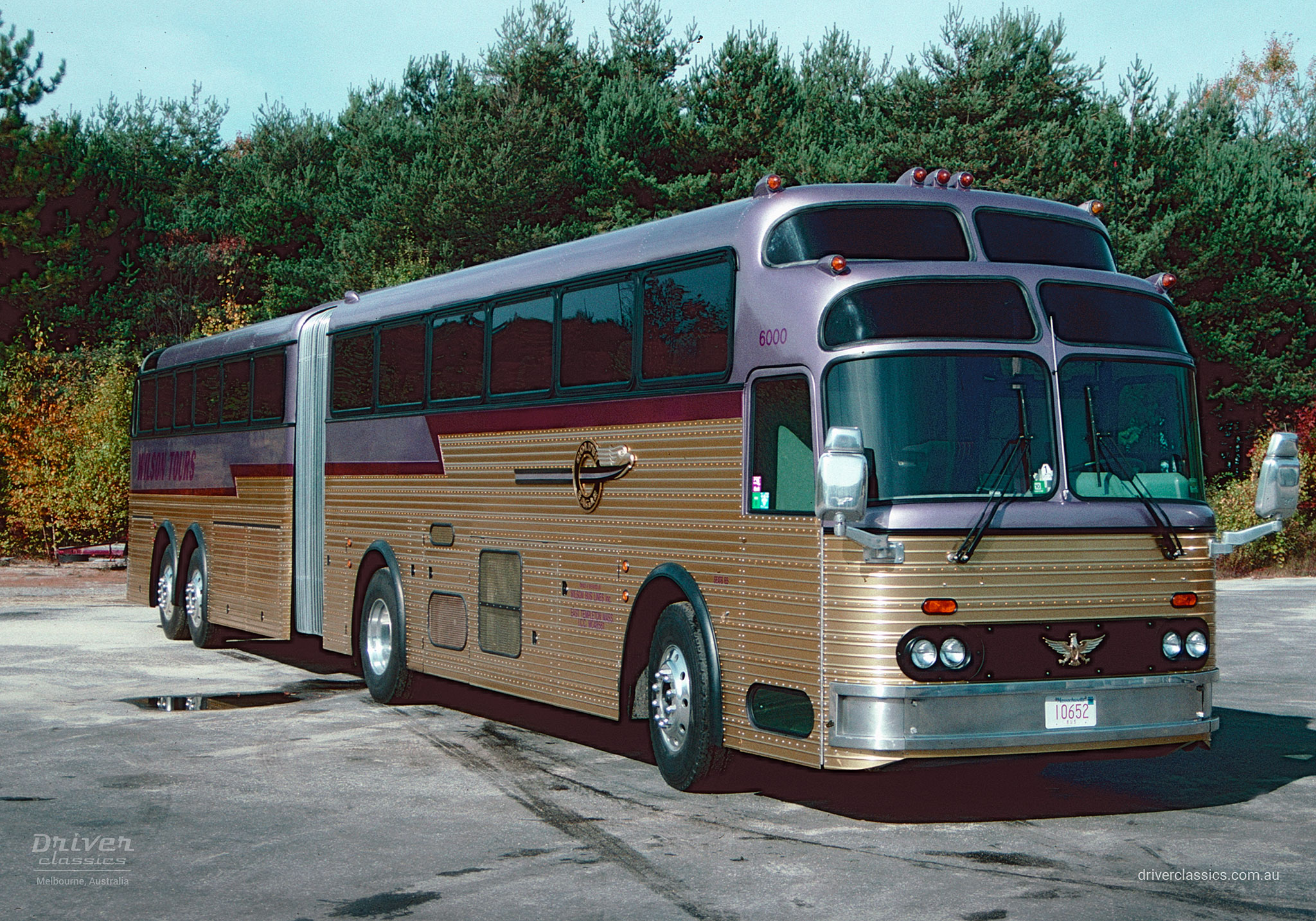 Super Golden Eagle bus, 1959 model, articualted bus without front end panel that looks like a brow or moustache. Photo taken East Templeton MA USA in October 1992 by Bob Reddan.