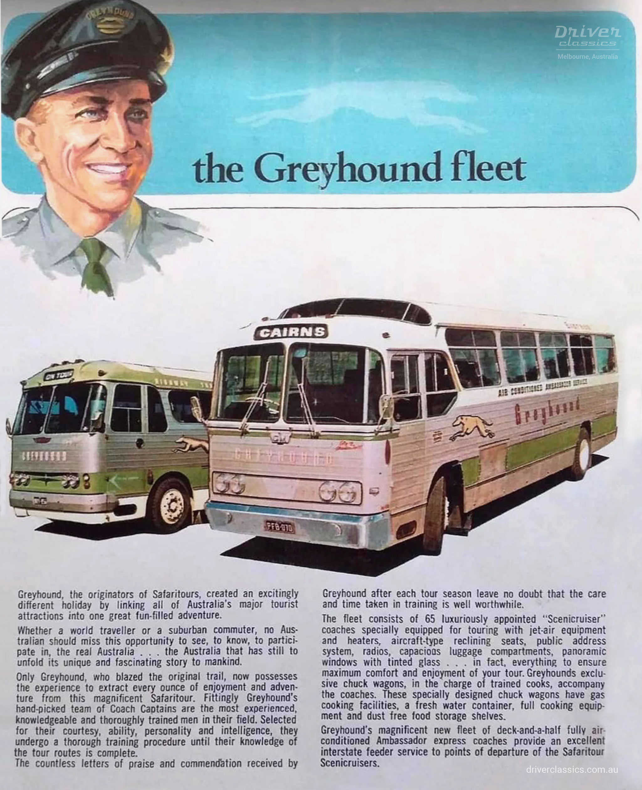 Greyhound Australia advertisement with a 1960s Highway Traveller bus and a 1960s GM Denning Mono bus.