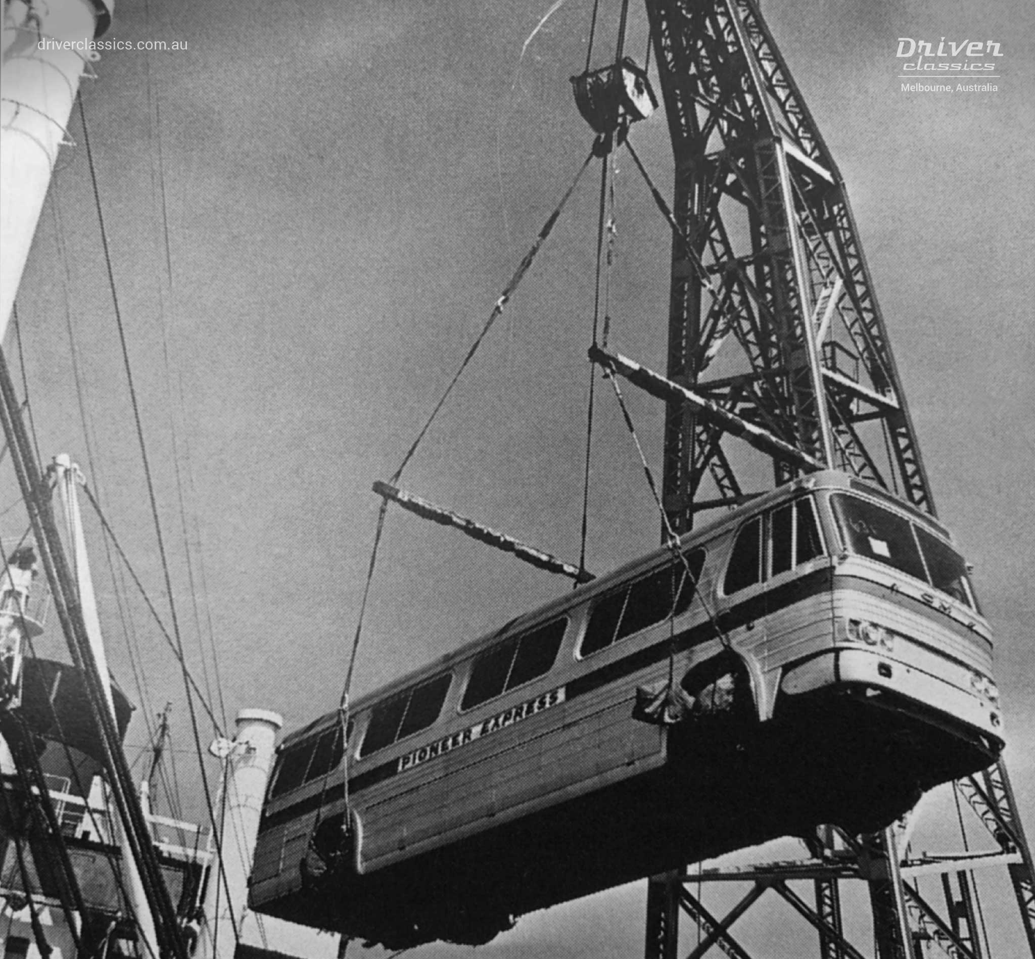 GM PD-4106 bus, early 1960s version, being unloaded at Melbourne Docks