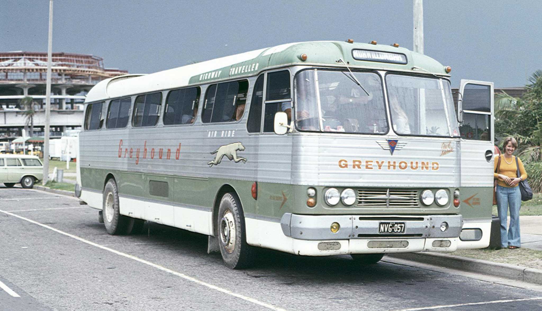 AEC bus with Denning Highway Traveller body, 1962 version, in Greyhound colours.