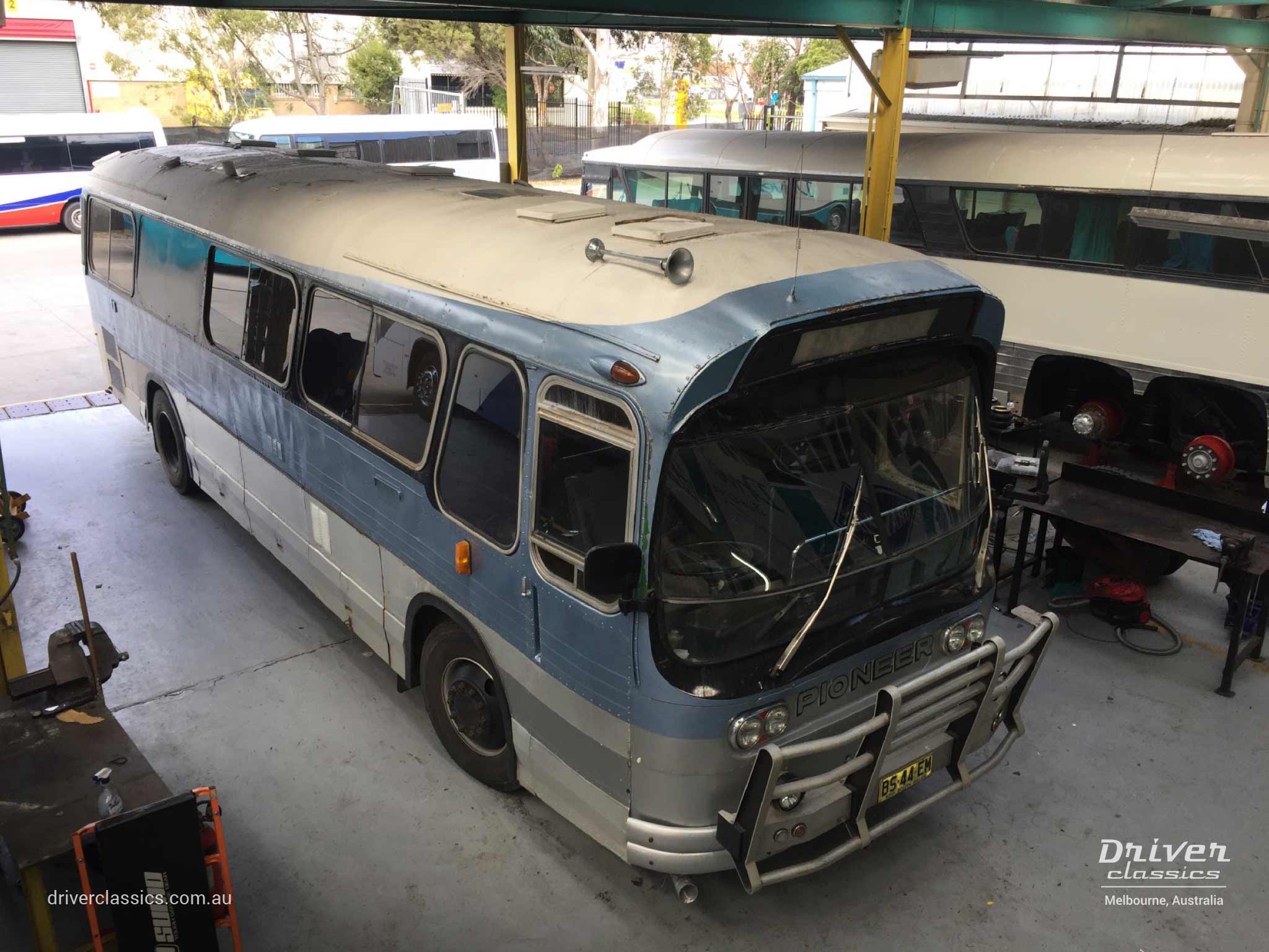 Ansair Scenicruiser bus, GMC 1967 version, from above, in workshop, August 2018