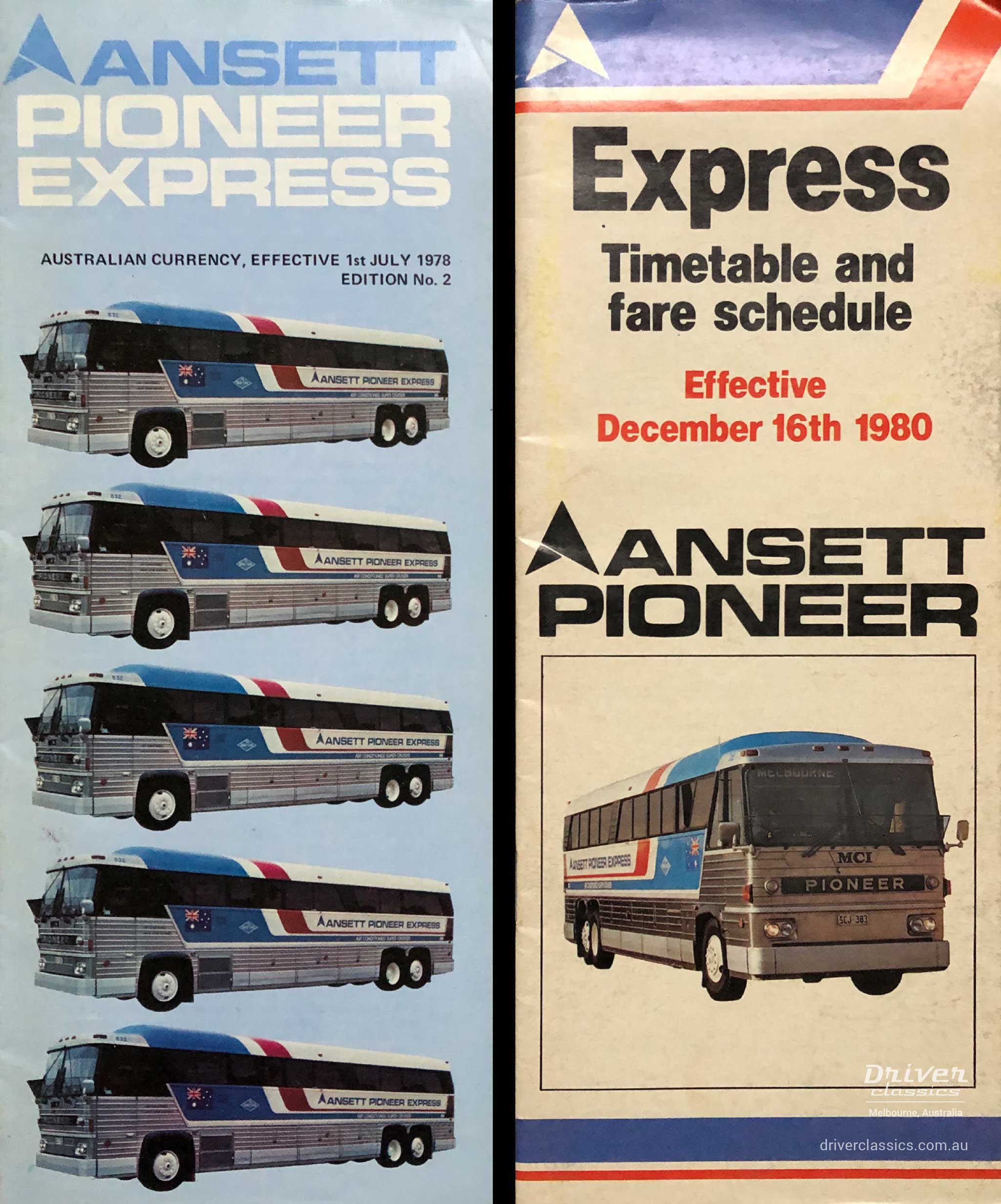 Ansett Pioneer Express timetables from 1978 and 1980 featuring MCI MC8 bus.