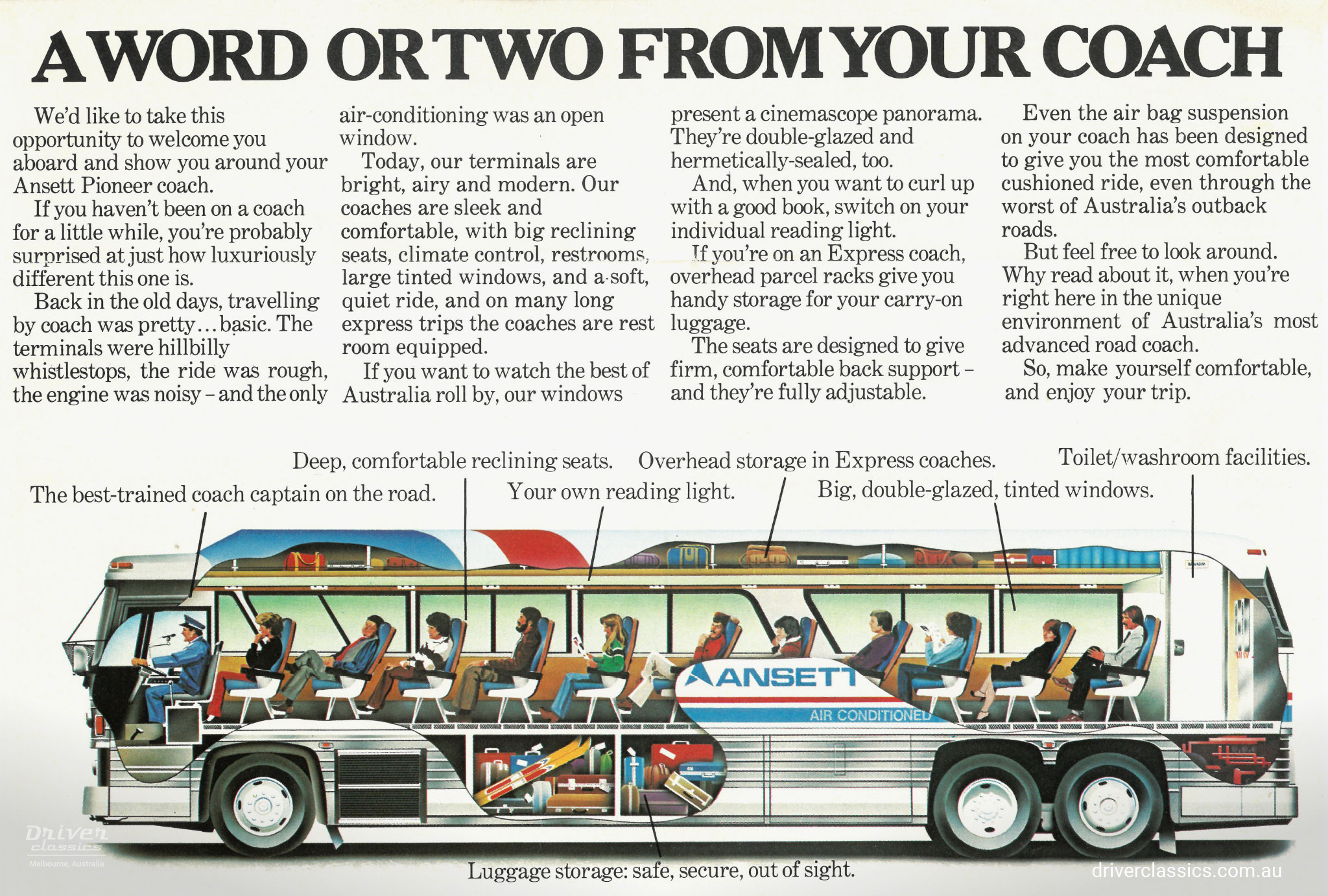 MCI MC8 bus featuring in Ansett Pioneer advertising as an illustration. Late 1970s.