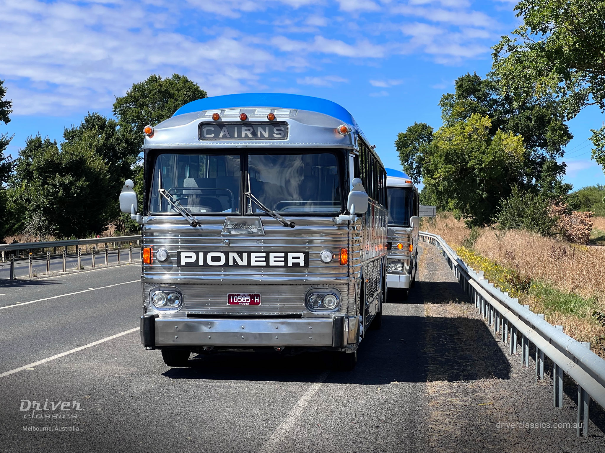 MCI MC7 bus (1972 model) from front with MCI MC8 (1976 model) behind, Photo taken at Lancefield VIC in February 2022