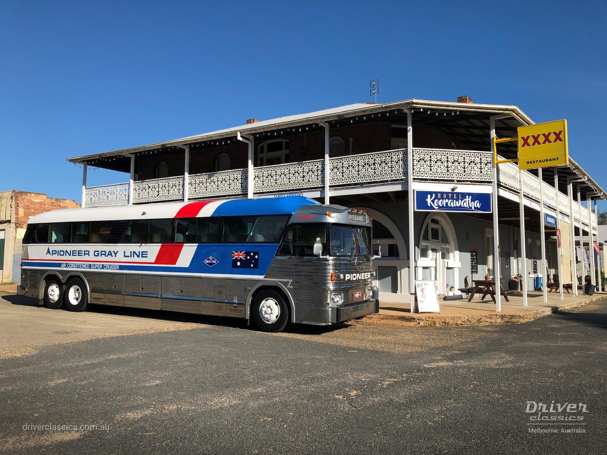 MCI MC7 bus (1972 model) front, at the Koorawatha Hotel, Photo taken at Koorawatha NSW in May 2023