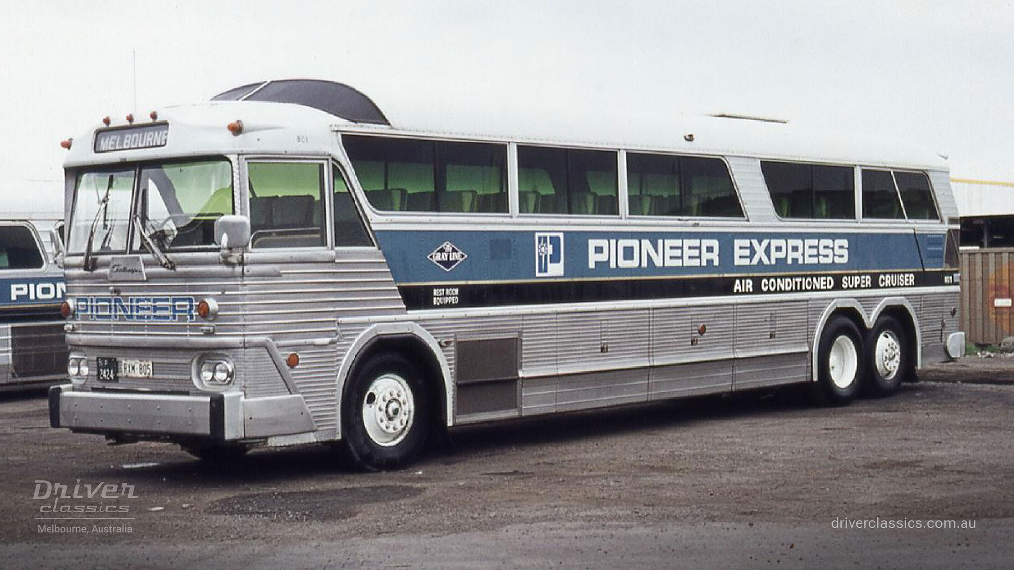 MCI MC7 bus (1972 model), Pioneer fleet number #801, original liver. Photo taken at Footscray Road yard, Melbourne VIC, circa 1973