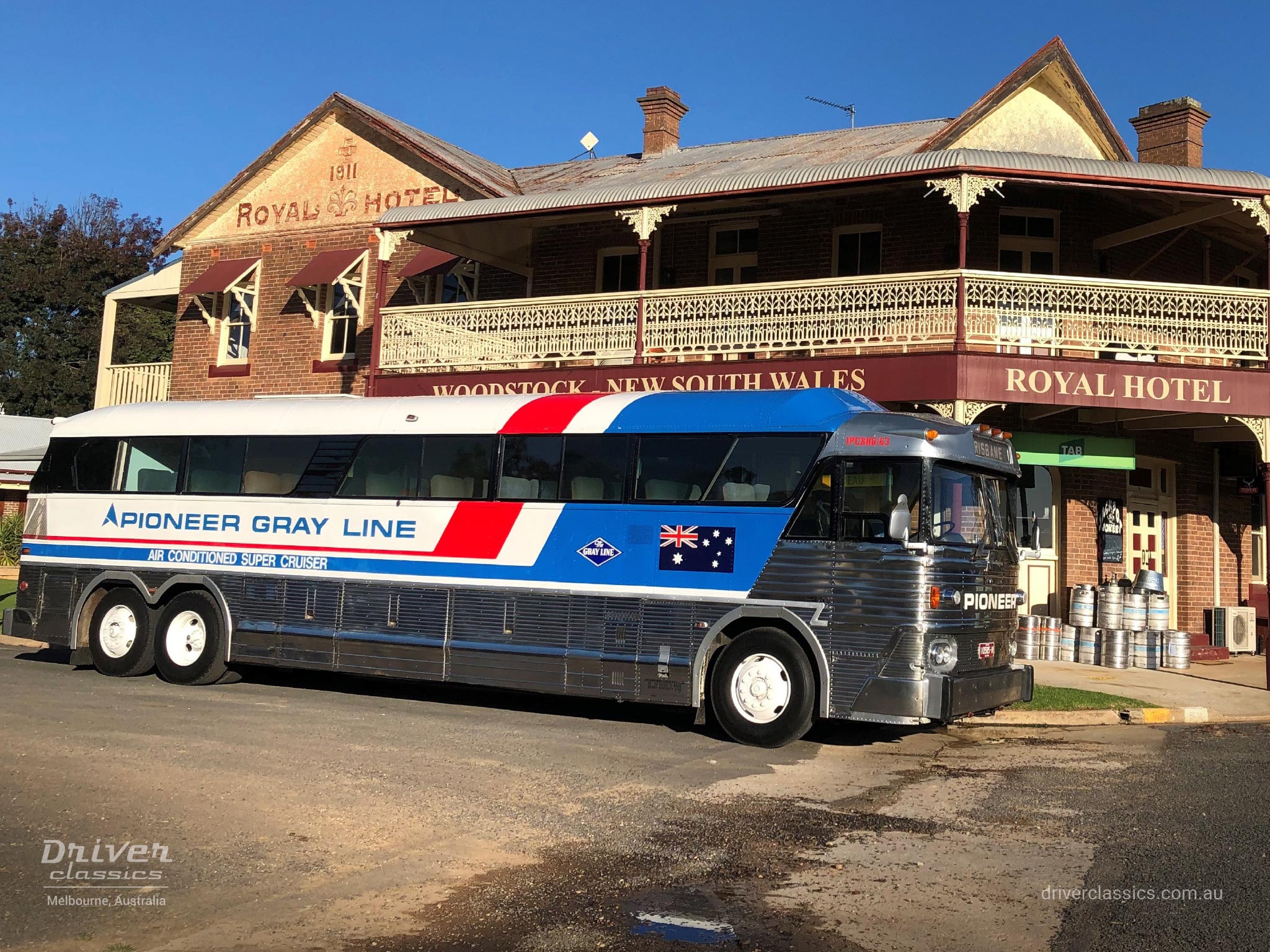 MCI MC7 bus (1972 model) front, at the Royal Hotel, Photo taken at Woodstock NSW in May 2023