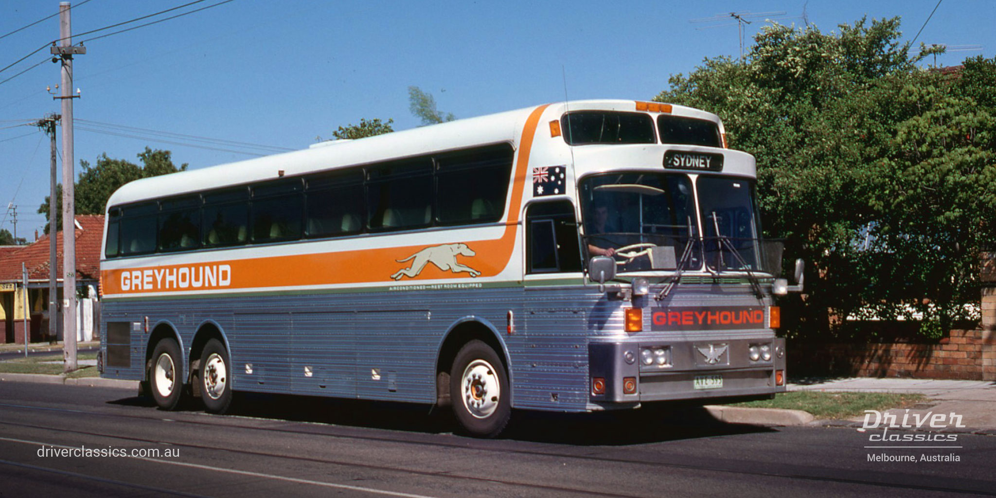 Greyhound 1975 Eagle Model 05 bus, Caulfield South VIC, Photo taken April 1981.