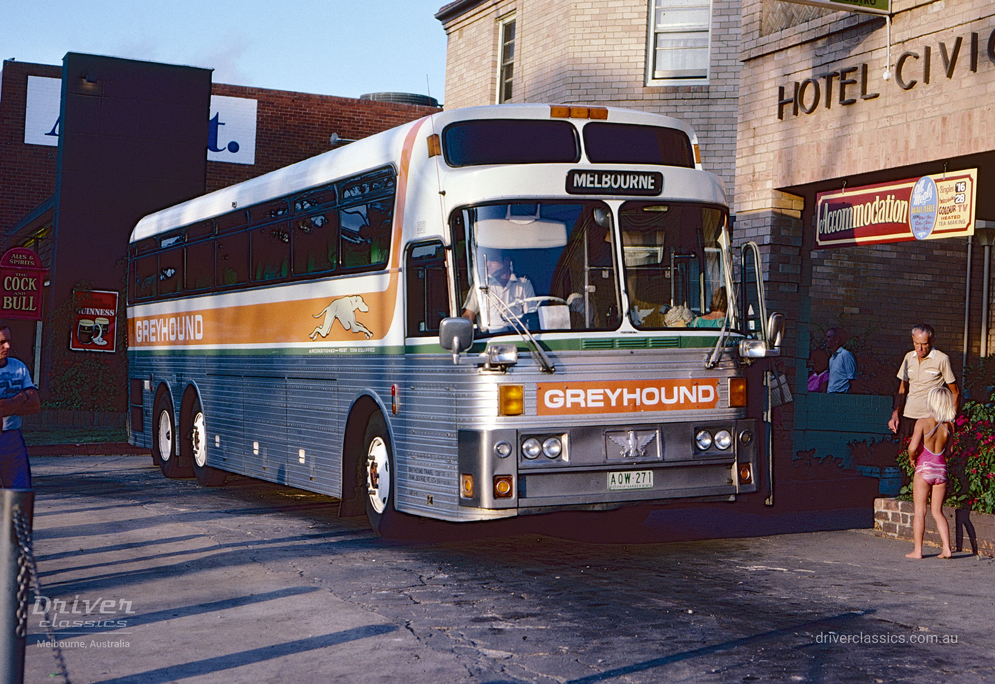 Greyhound 1975 Eagle Model 05 bus, Canberra Terminal, Hotel Civic ACT. Photo taken January 1983.