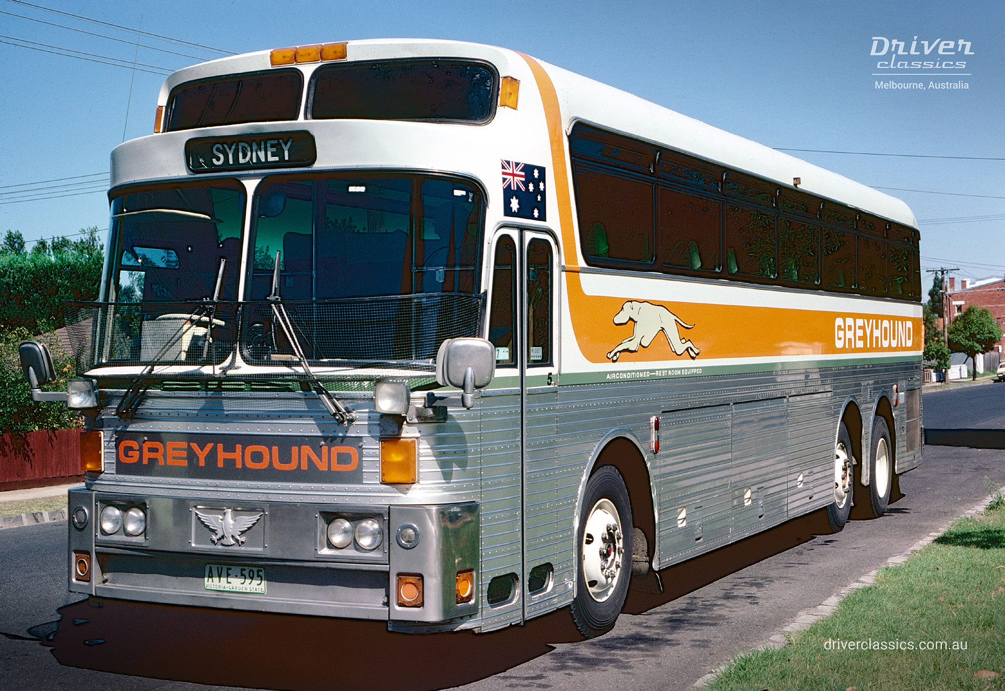 Greyhound 1976 Silver Eagle Model 05 bus, front and doorside, Caulfield South VIC, Photo taken April 1981.