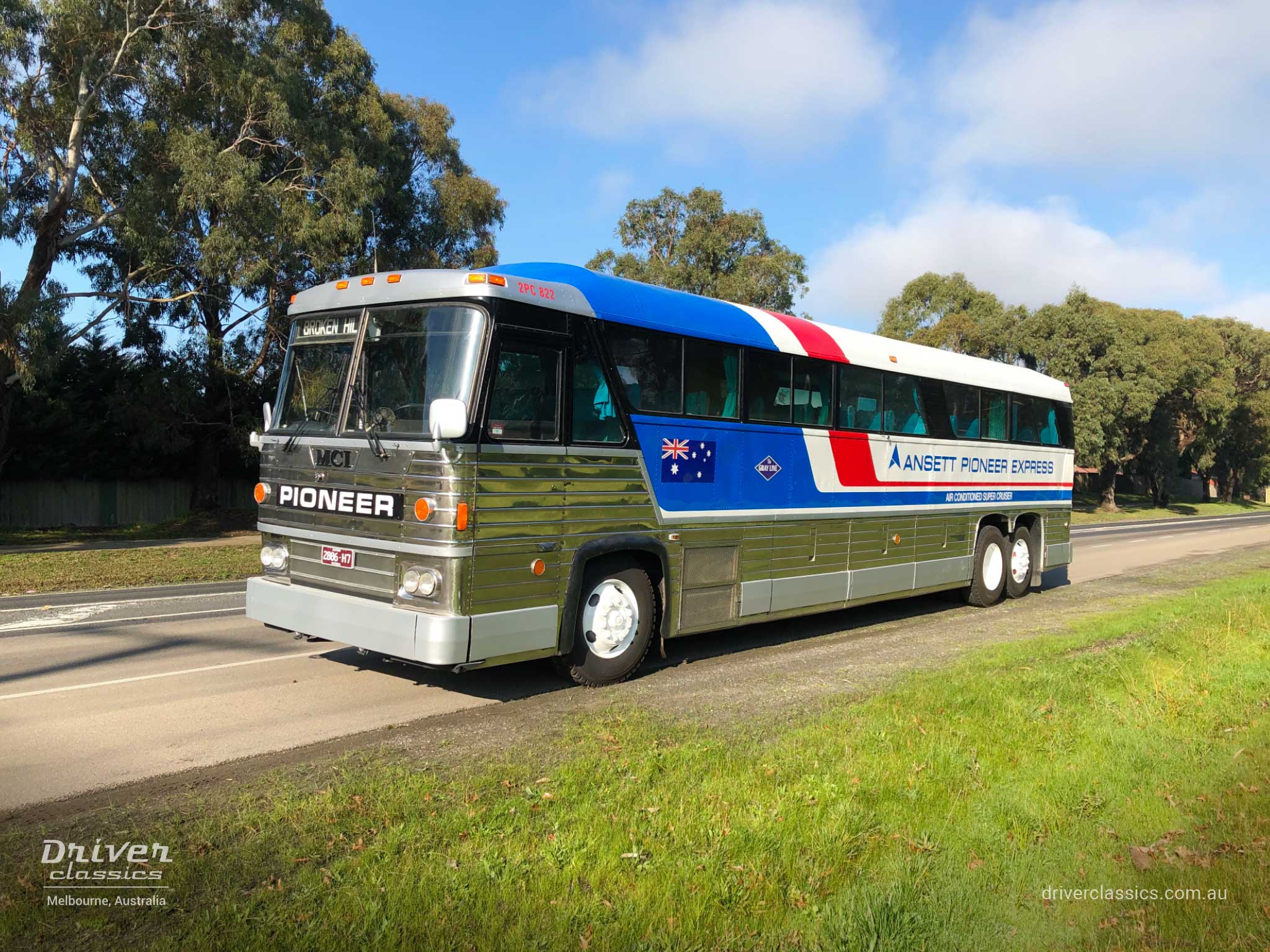 MCI MC8 bus (1976 version), door side and front, Lysterfield VIC. Photo taken Jul 2020
