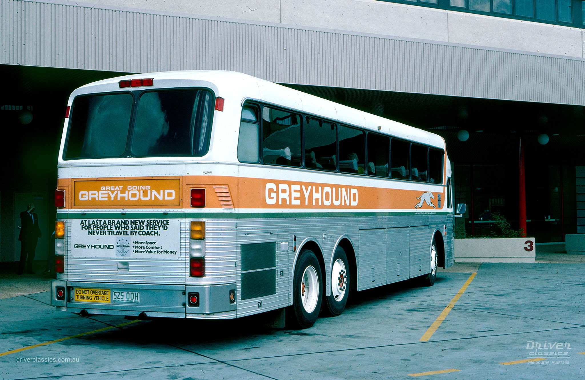 Eagle Model 05 bus, 1982 model with Greyhound livery. Photo taken at Canberra Terminal ACT inFebruary 1984.