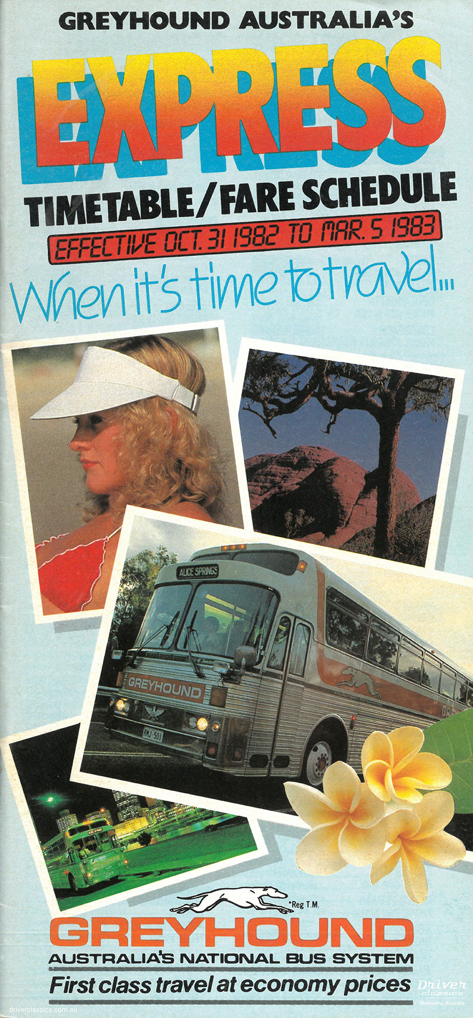 Greyhound (Greyhound Australia) express bus timetable from 1982, featuring Eagle Model 05 bus.