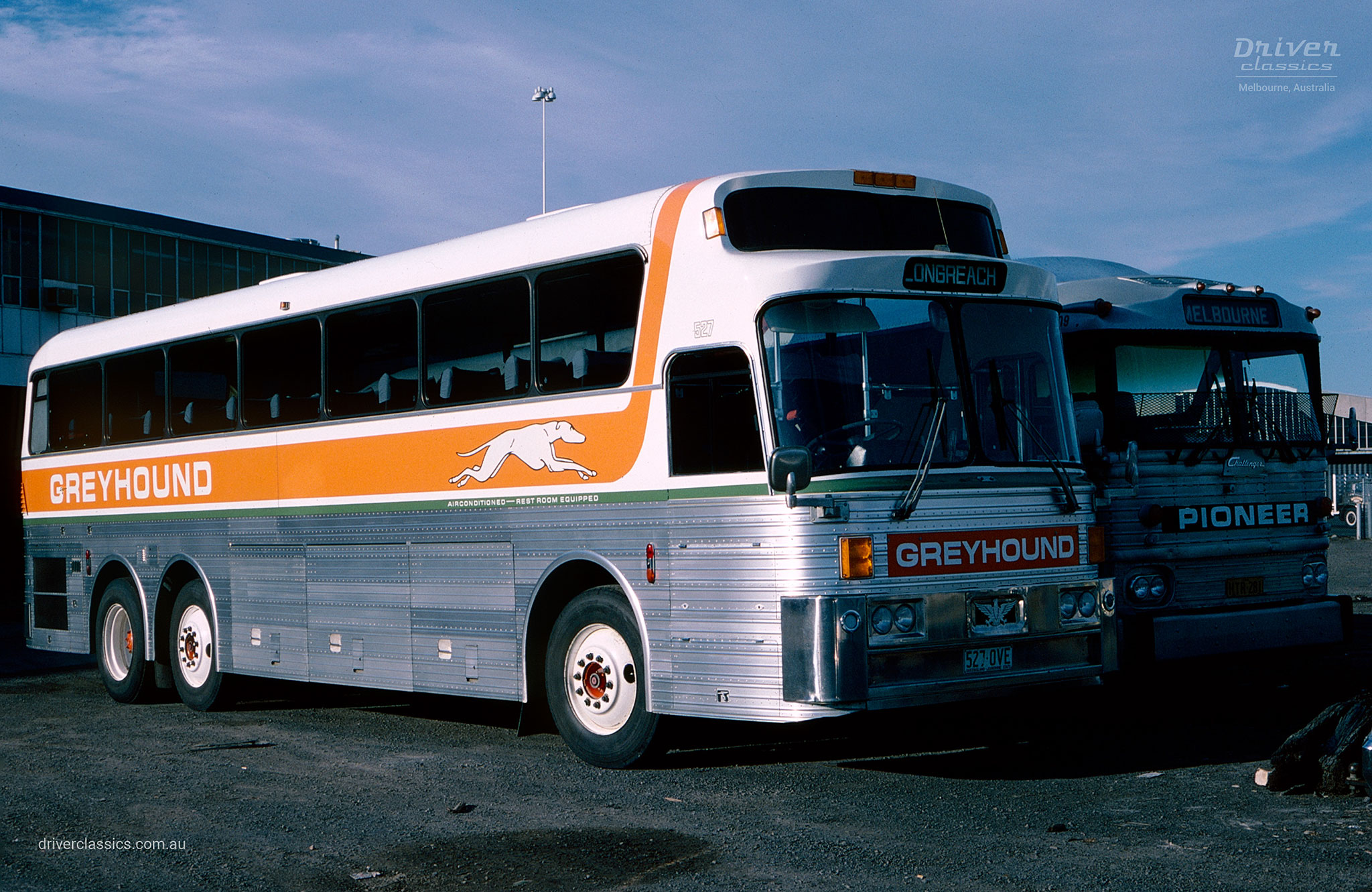 Eagle Model 05 bus, 1983 model with Greyhound livery with Pioneer MCI MC7. Photo taken in Melbourne VIC in June 1984.