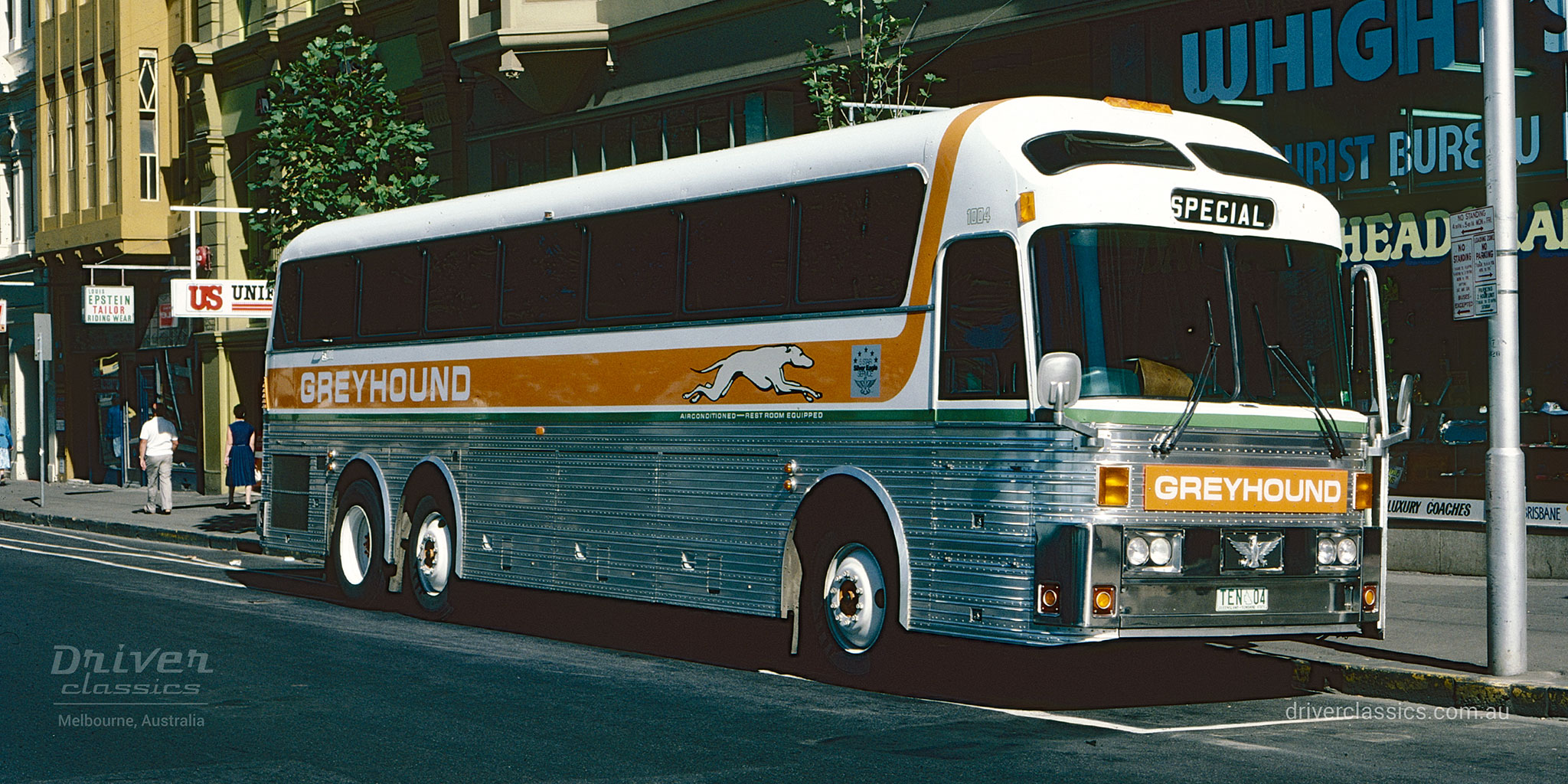 Greyhound 1983 Eagle Model 10 bus, front and roadside, Melbourne VIC, Photo February 1987