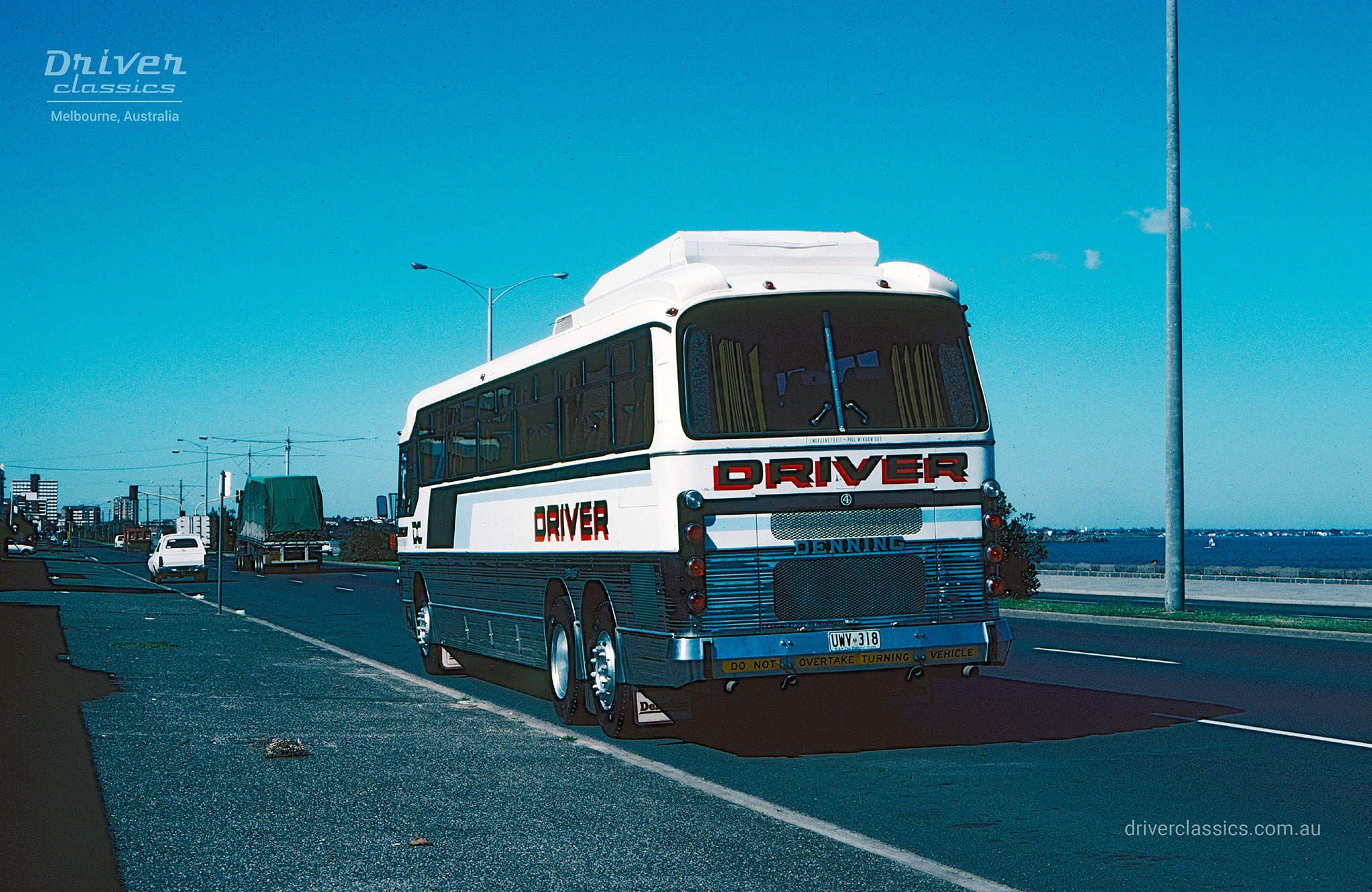 GM Denning DenAir Mono Bus, 1983 model, Lancefield VIC, original livery. Photo taken August 1983 at Middle Park VIctoria.