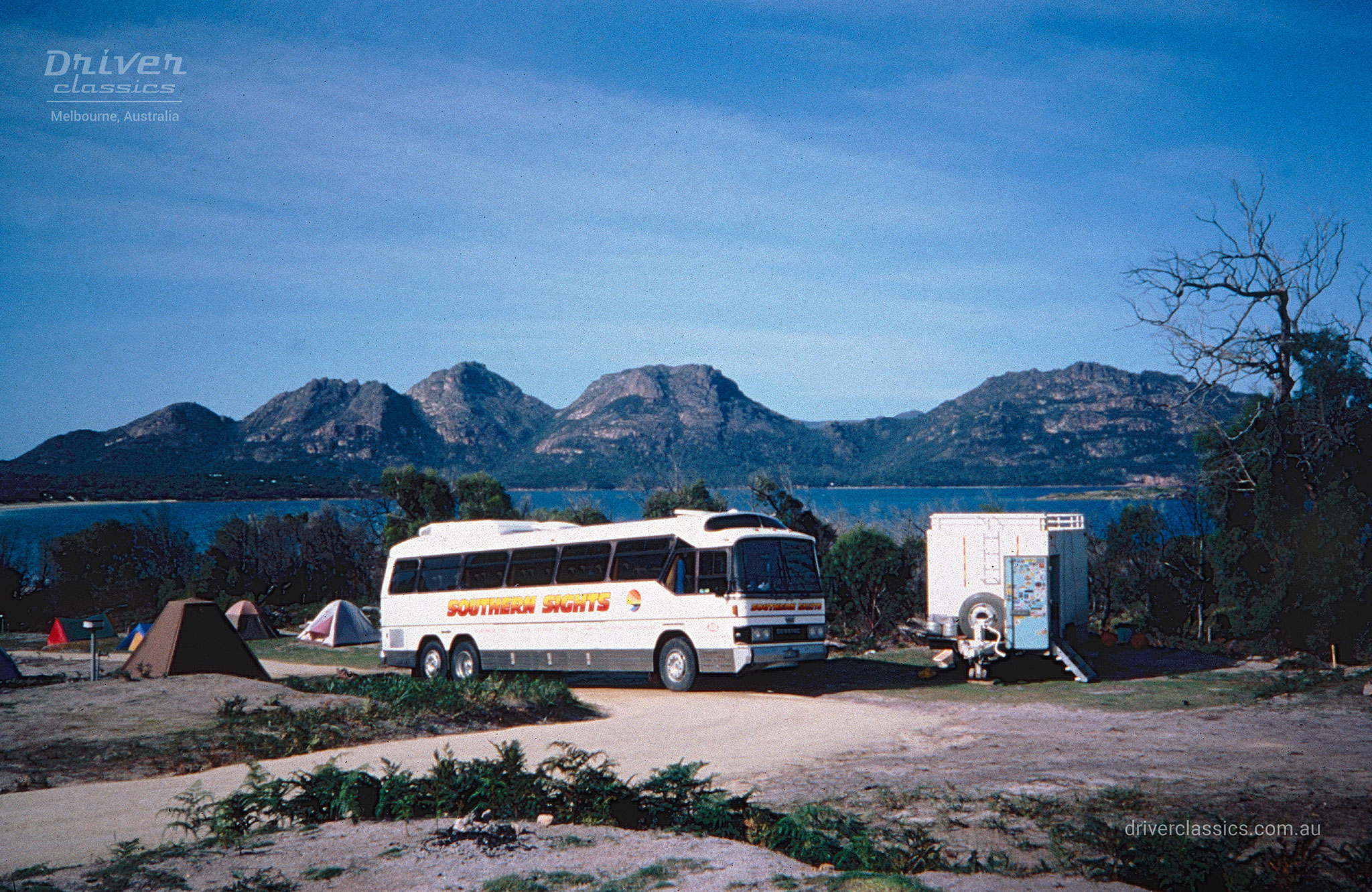 GM Denning DenAir Mono Bus, 1983 model with Southern Sights livery, Freycinet Peninsula Tasmania. Photo taken mid 1990s.