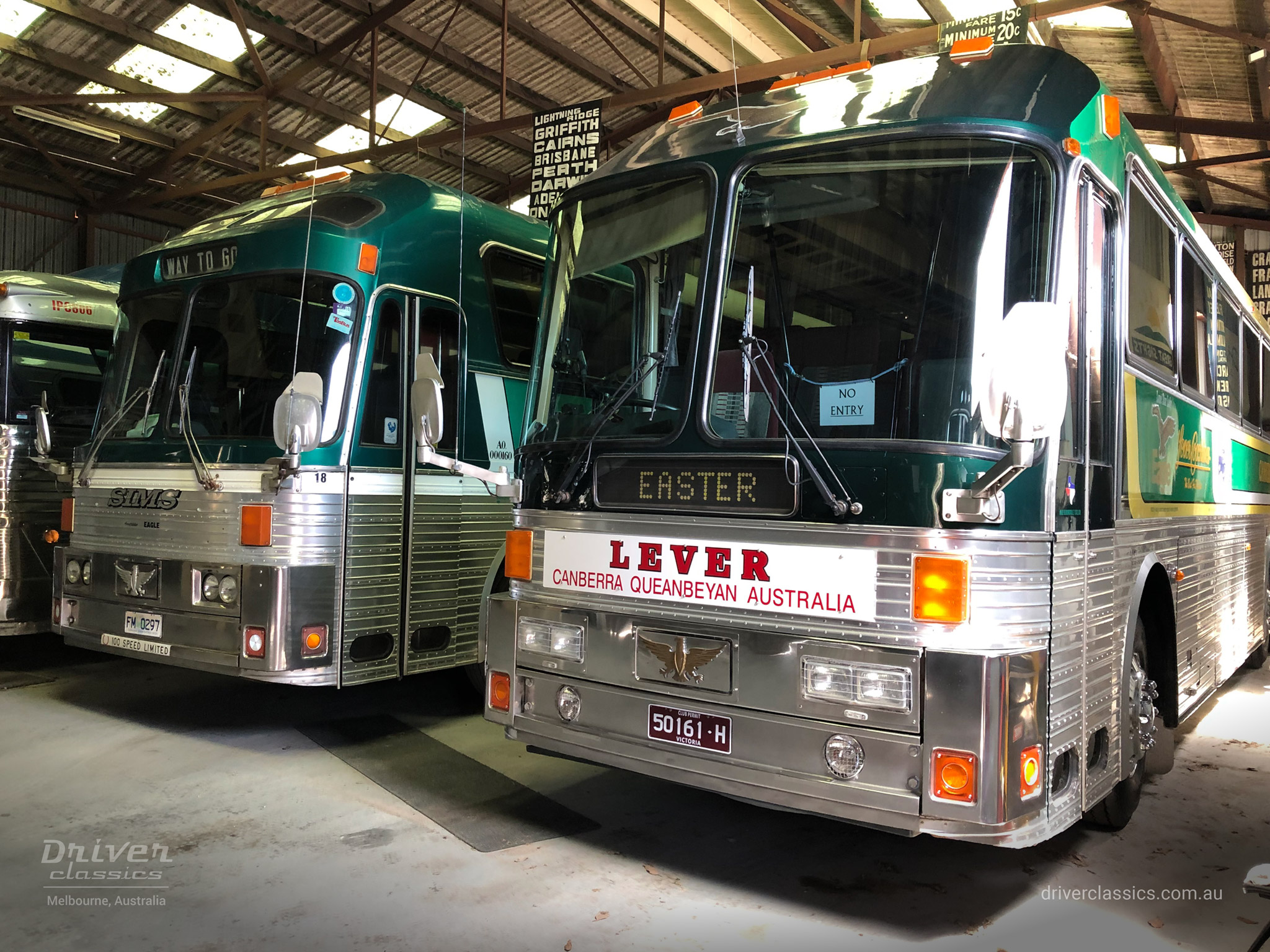 Eagle Model 10 R Bus (1984 model), Eagle Model 20 bus (1989 model) and MCI MC7 bus (1972 model)  Photo taken Novermber 2023