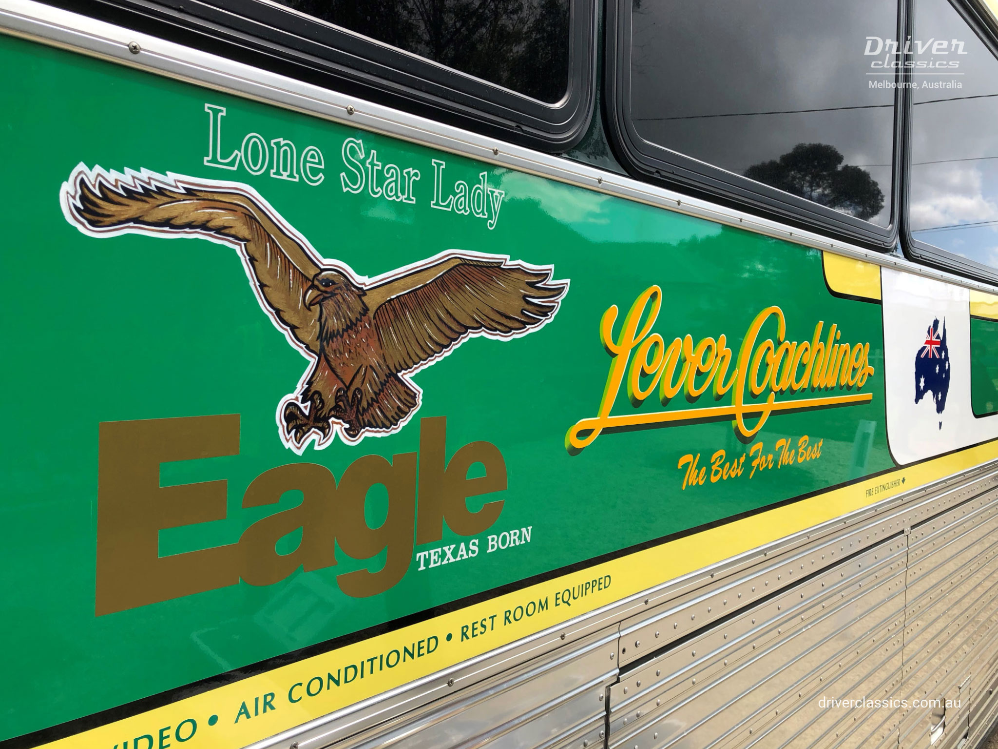 Distinctive ‘Lever’ style signwriting on 1989 Eagle Model 20 bus. Photo taken October 2019