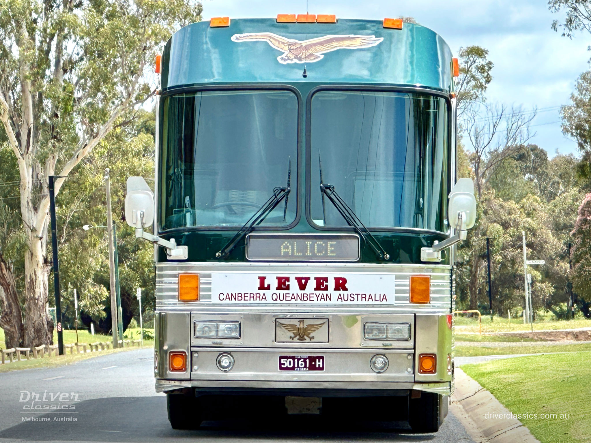 Eagle Model 20 bus, 1989 version, front on, at Barooga NSW, Photo taken October 2023