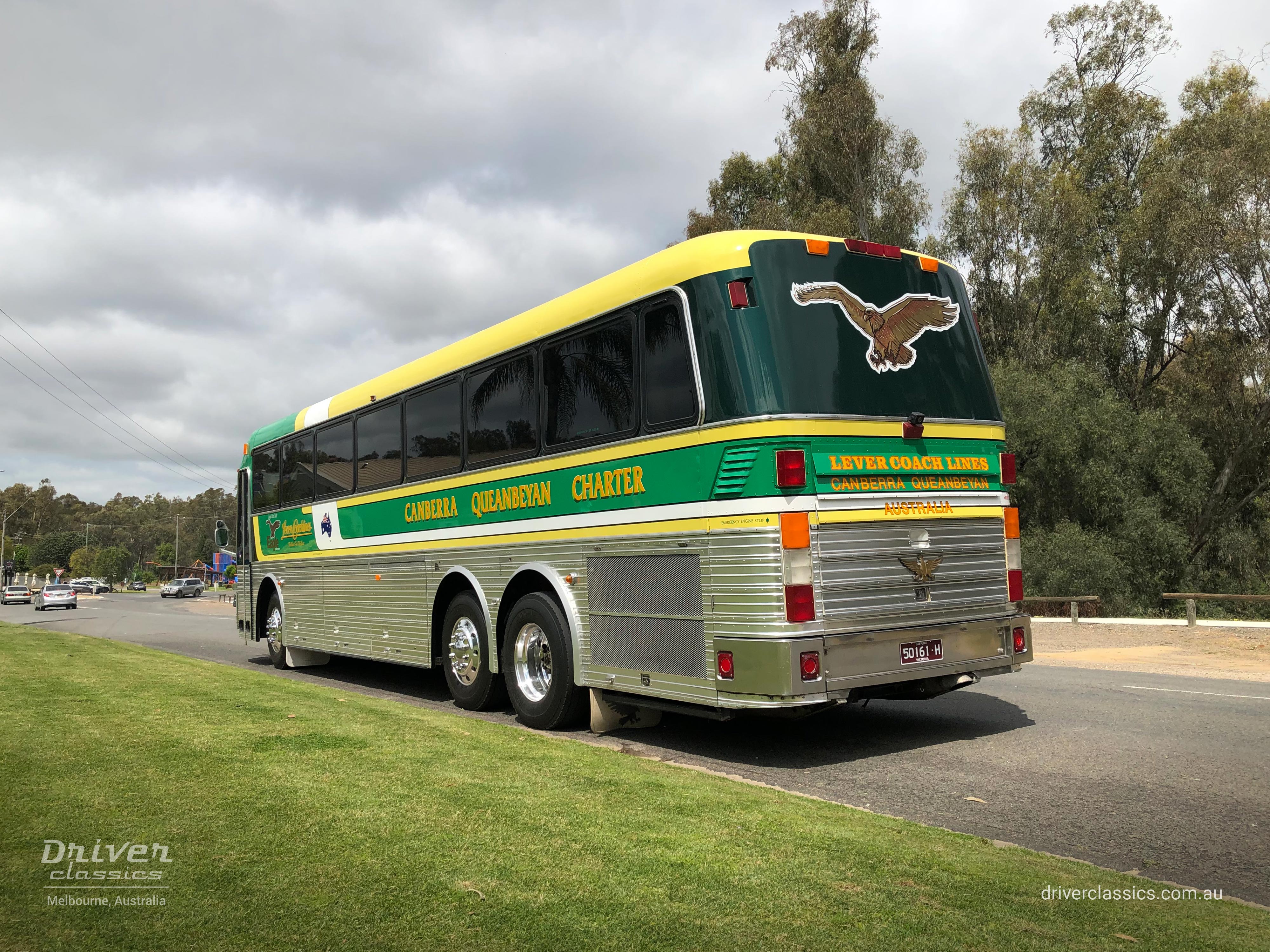 Eagle Model 20 bus, 1989 version, side and back, at Barooga NSW, Photo taken October 2023