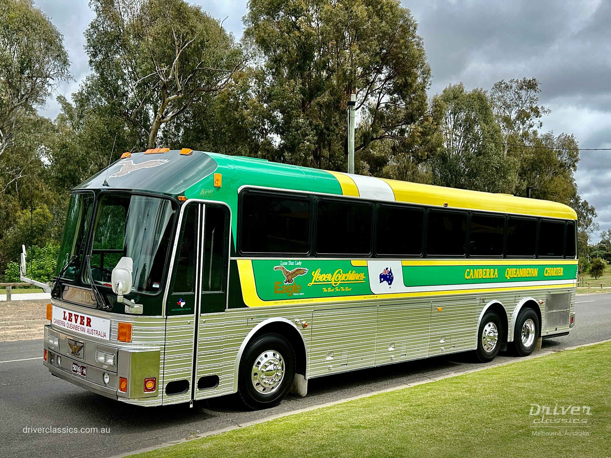 Eagle Model 20 bus, 1989 version, side and front, at Barooga NSW, Photo taken October 2023