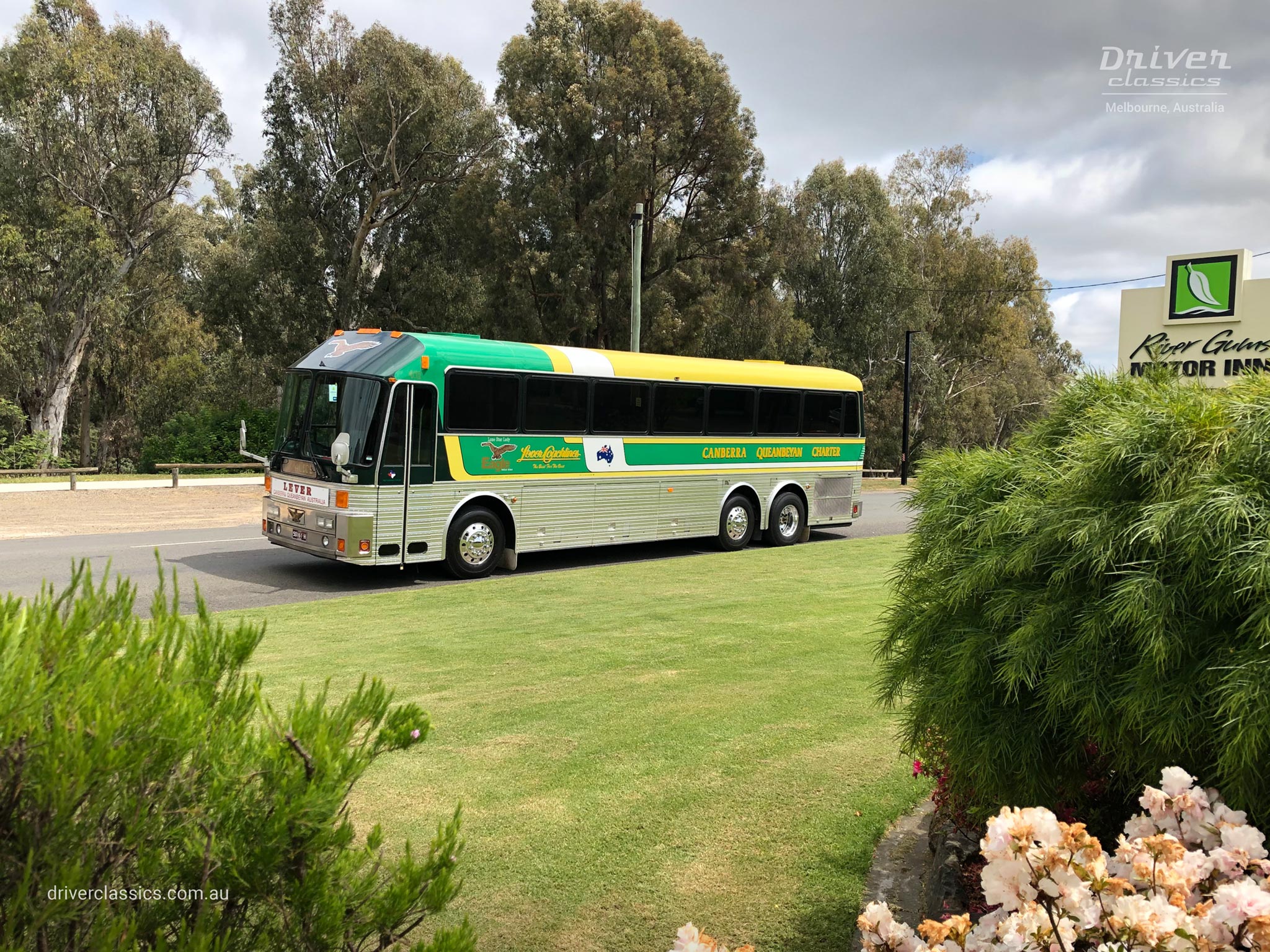 Eagle Model 20 bus, 1989 version, side and front, at River Gums Motor Inn, Barooga NSW, Photo taken October 2023