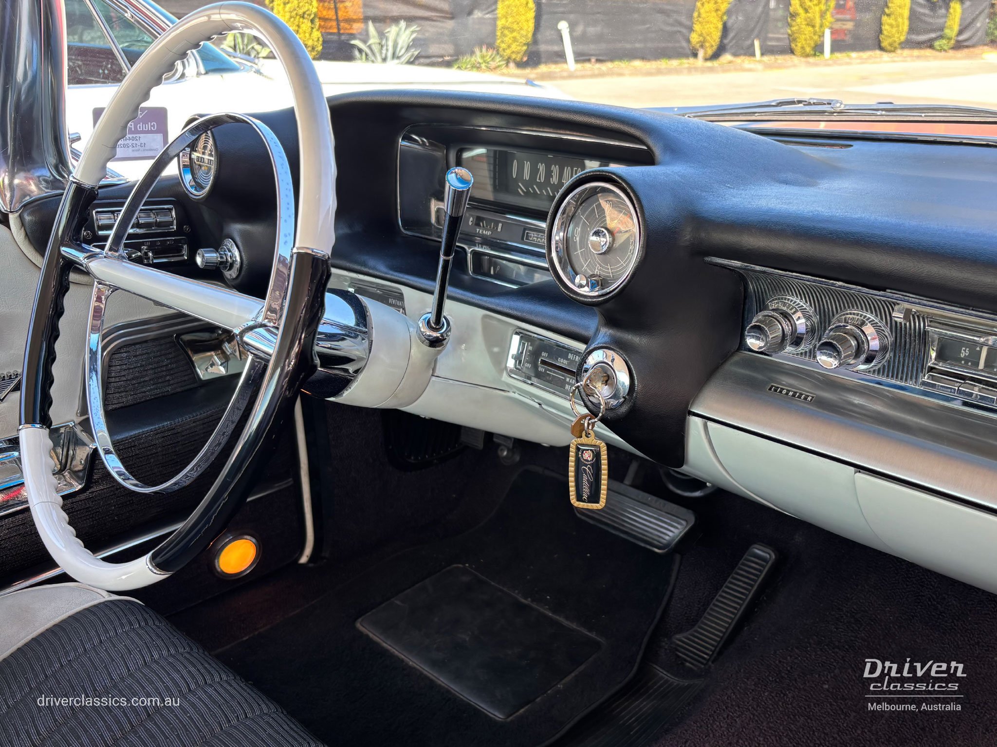 Cadillac Coupe de Ville, 1959 model, dashboard and pedals. Photo taken at Mount Waverley, VIC in September 2026
