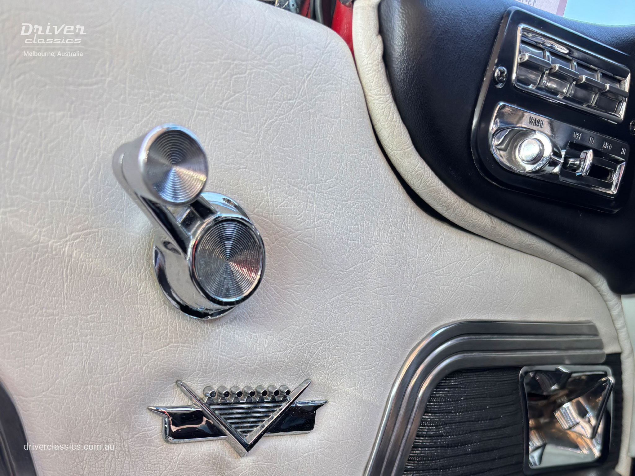 Cadillac Coupe de Ville, 1959 model, driver's door interior. Photo taken at Mount Waverley, VIC in September 2026