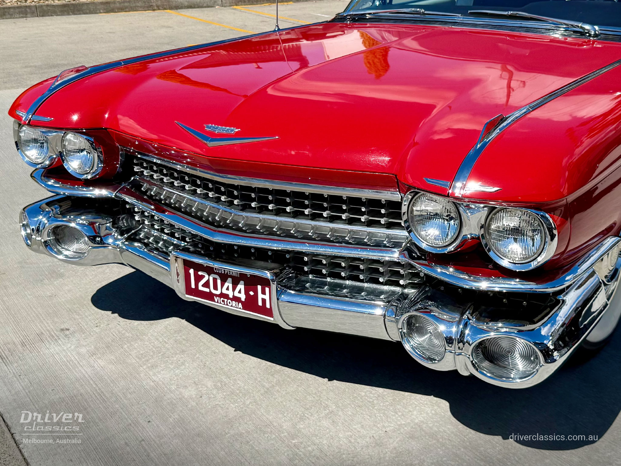 Cadillac Coupe de Ville, 1959 model, front grille and headlights. Photo taken at Mount Waverley, VIC in September 2026