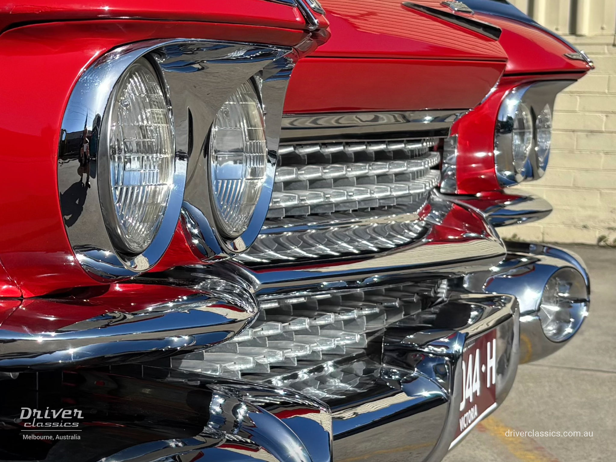 Cadillac Coupe de Ville, 1959 model, front grille and headlights. Photo taken at Mount Waverley, VIC in September 2026