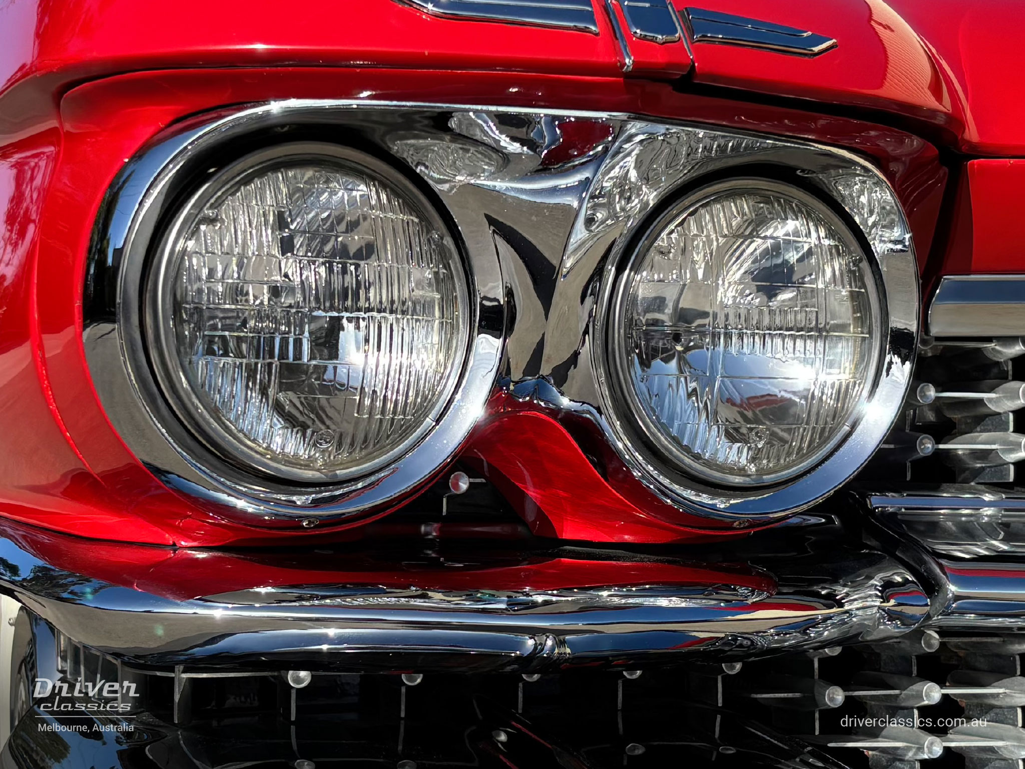 Cadillac Coupe de Ville, 1959 model, headlight area. Photo taken at Mount Waverley, VIC in September 2026