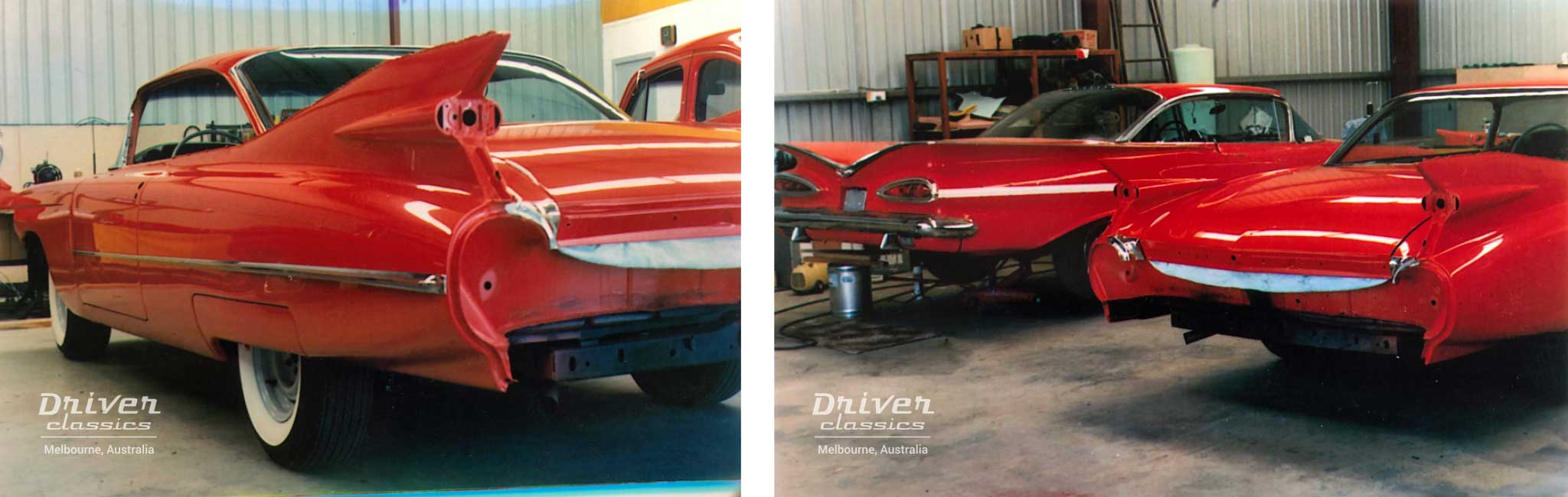 1959 Cadillac Coupe de Ville under restoration. 1959 Cheverolet Impala under resotration.