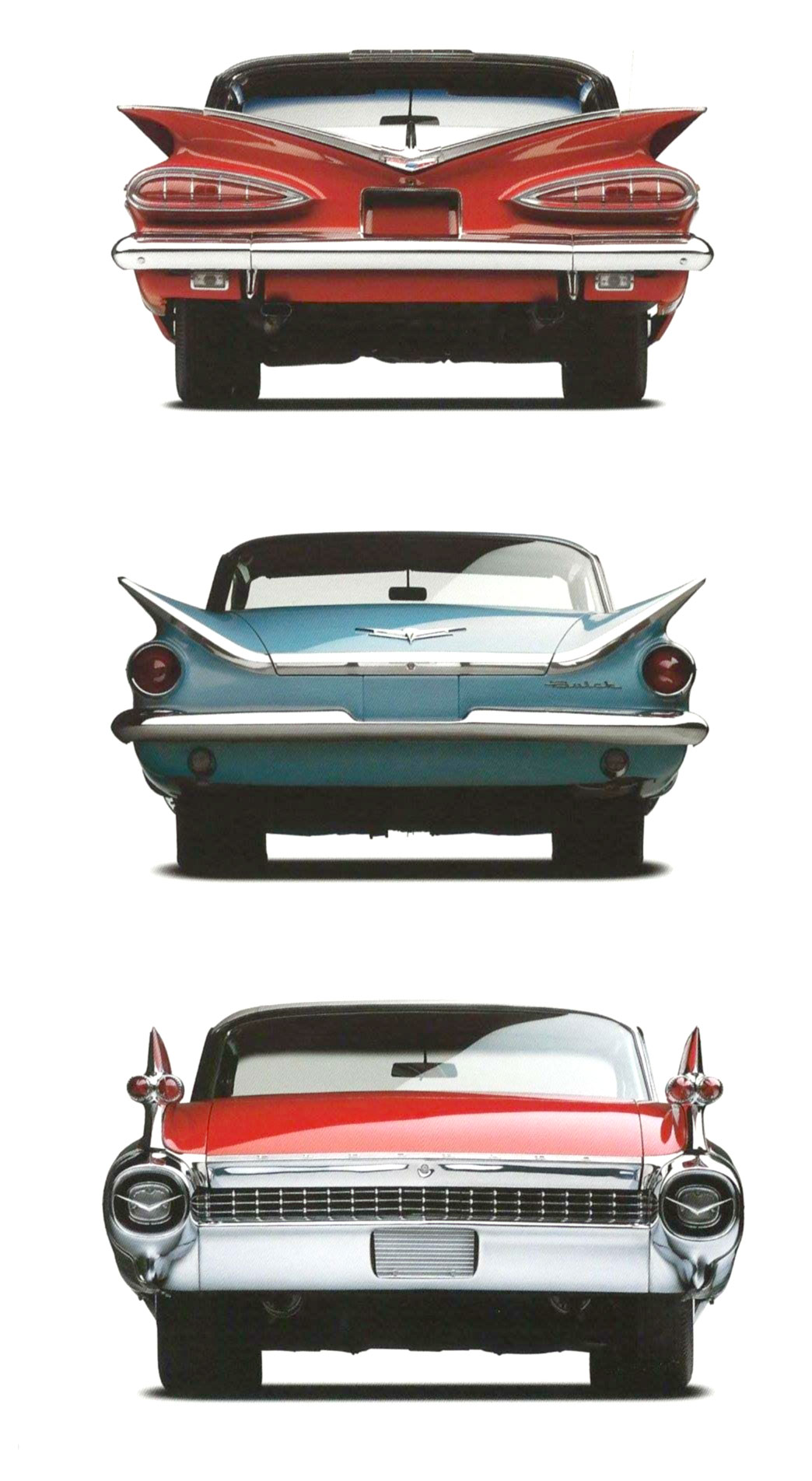Rear profile photo showing and/or comparing the fins of 1959 Cheverolet, 1959 Cadillac and 1959 Buick cars.