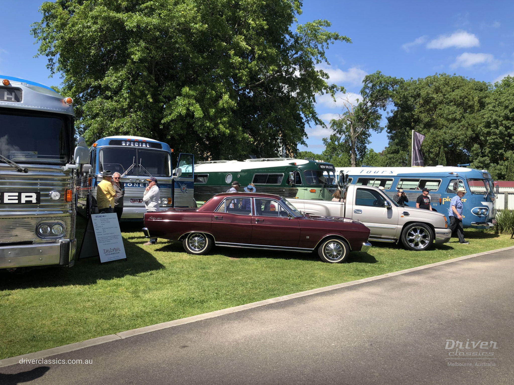 Ford Fairlane 500 (1968 model), with other historical vehicles inc: MCI MC7 bus, US Flxible Clipper bus, Ansair Flxible Clipper bus and a Cheverolet Silverado pick up truck. Photo taken at Yarra Glen in Novermber 2023