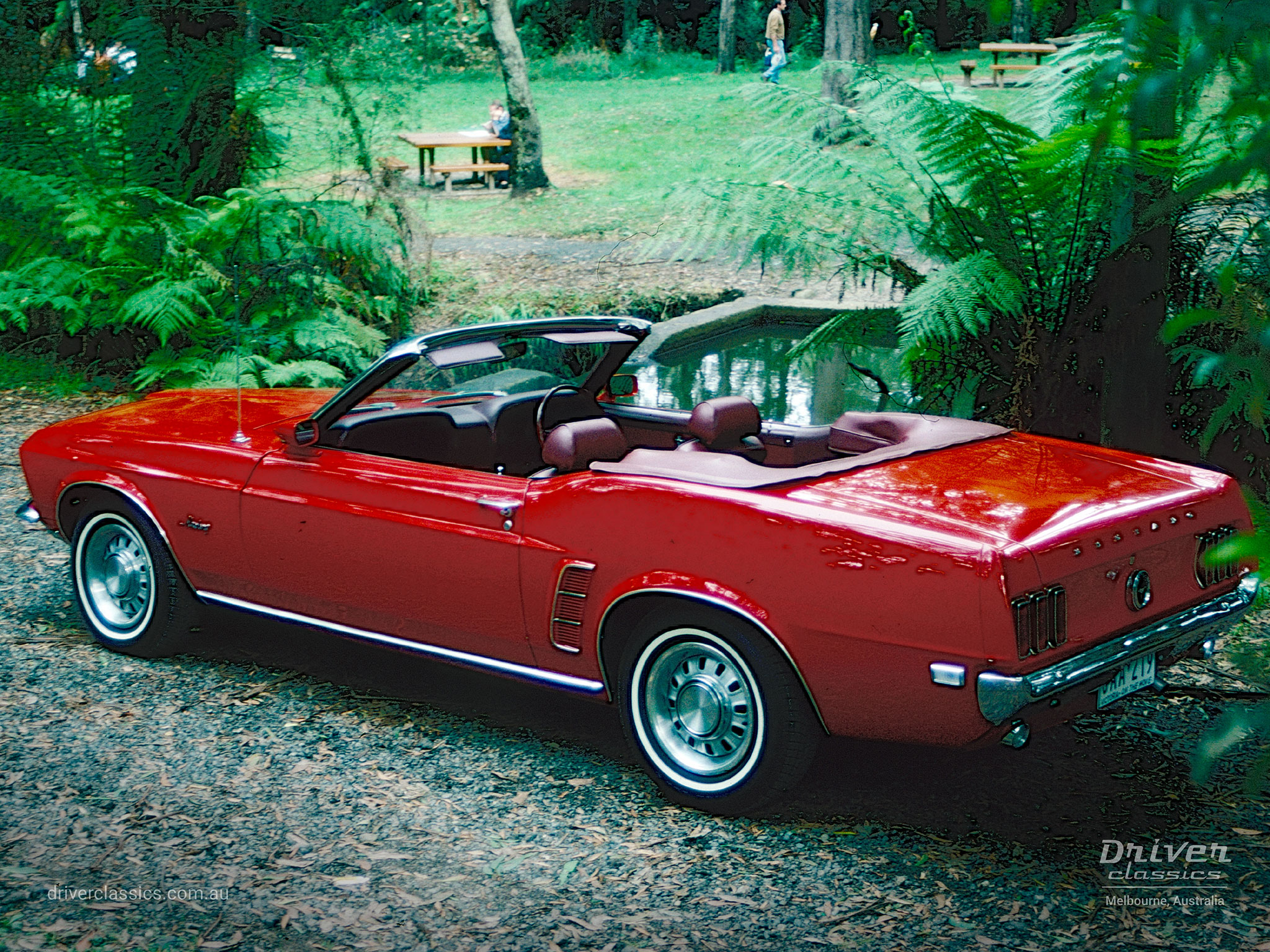 Ford Mustang (1969 model) Convertible, left side and back, Photo taken in the Dandenong Ranges VIC in 1998.