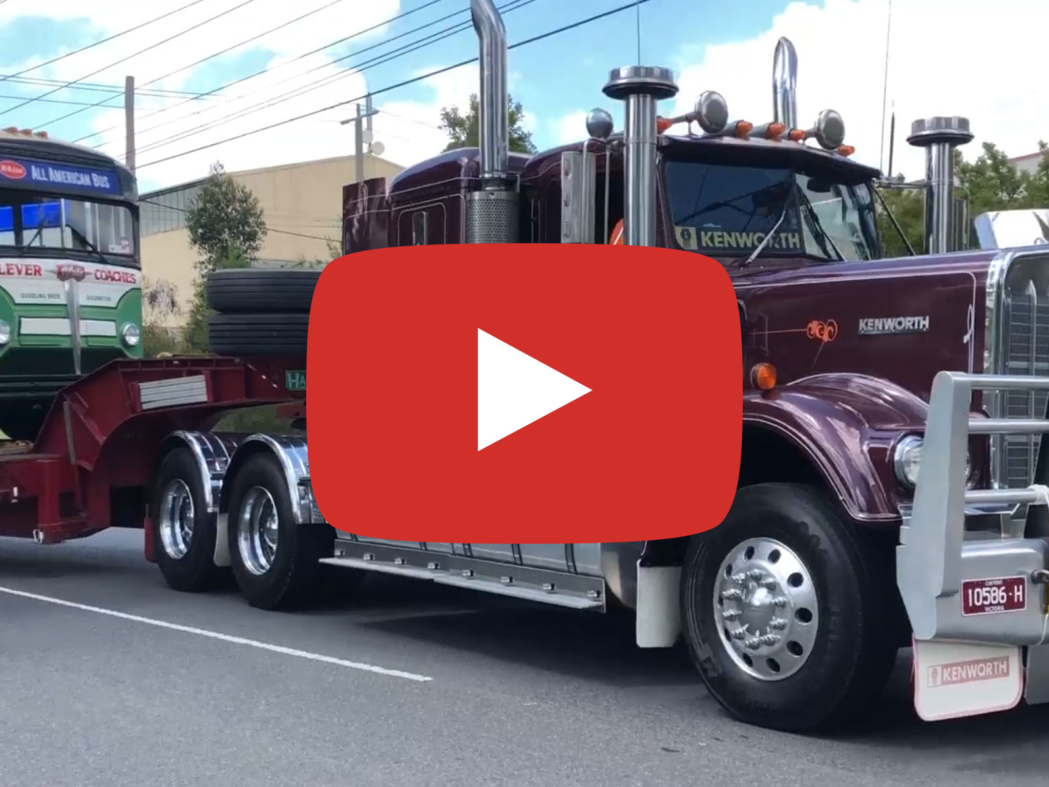 Kenworth W925AR truck (1986 model) towing a 1948 White 798-12 bus at, Mt Waverley VIC. Video taken November 2018